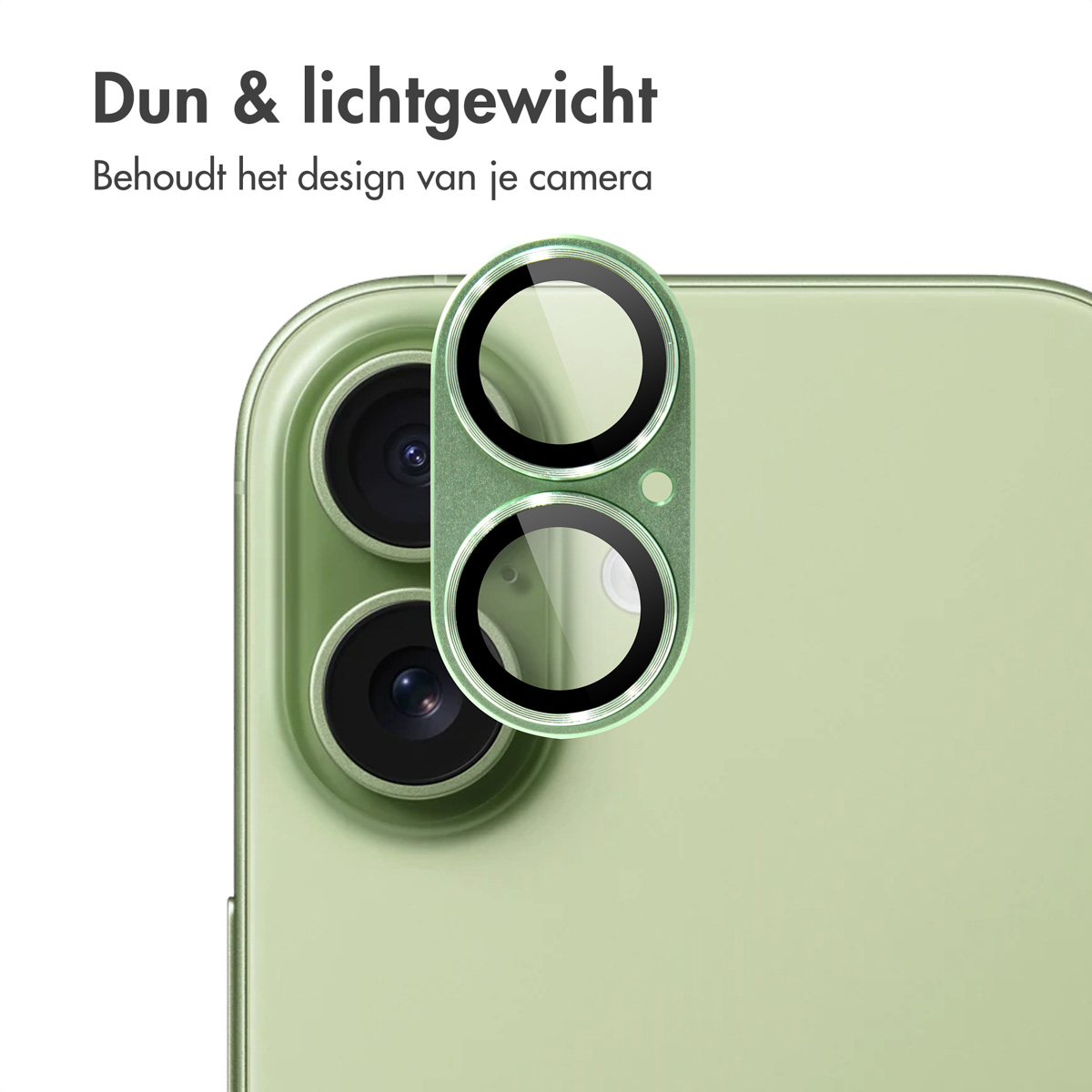 Close-up of a green phone with camera lenses. A protective cover is over the lenses. Text at the top says 'Thin & Lightweight'.