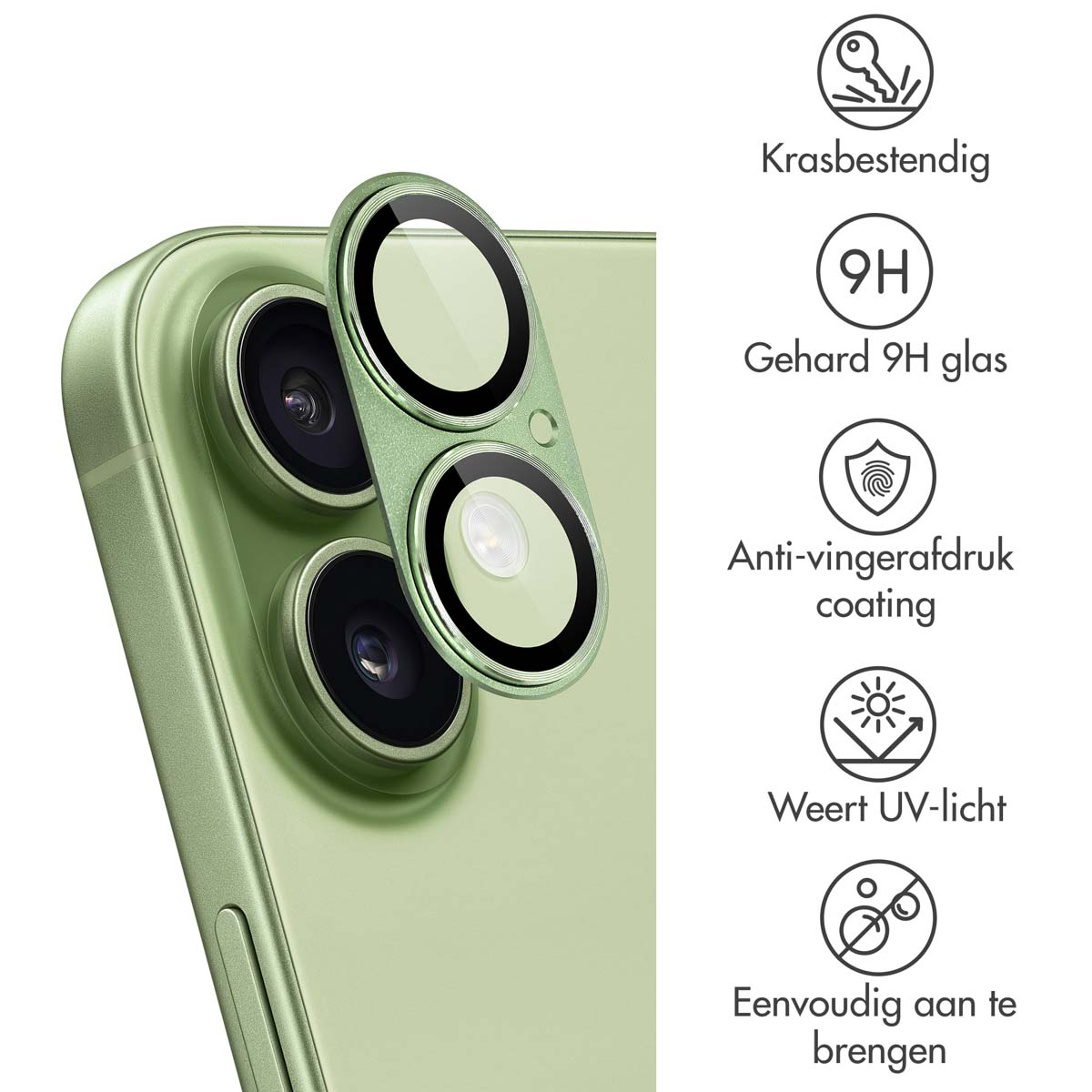 A green phone with a camera lens protector is shown. Text describes features like scratch resistance, 9H glass, and UV protection.