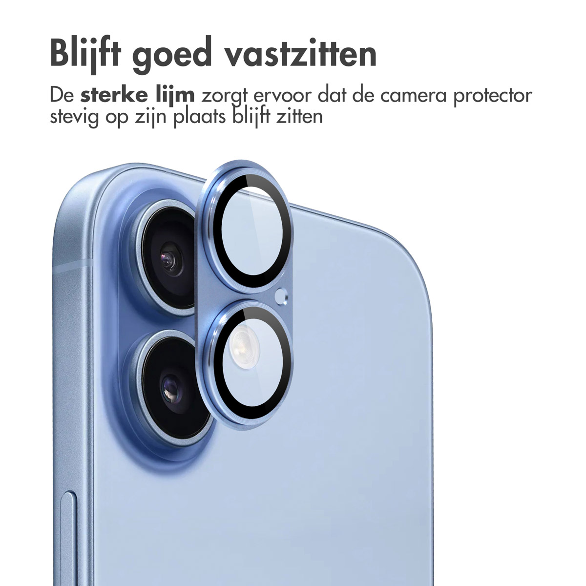 A close-up of a phone showing a camera protector being placed on the phone's camera lenses. The phone is light blue.