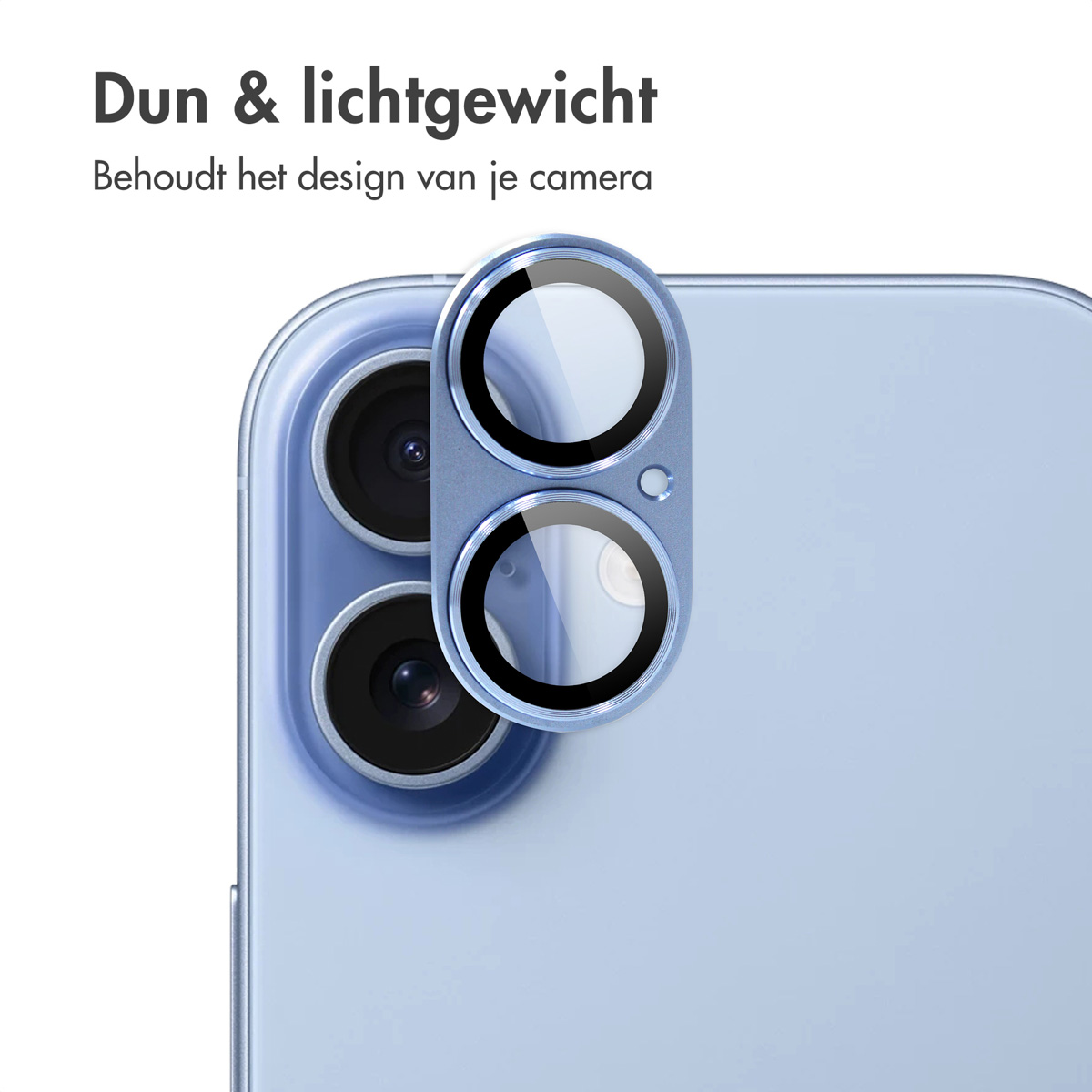 A close-up of a phone with a camera lens protector. The protector is light blue, and the phone is a lighter shade.