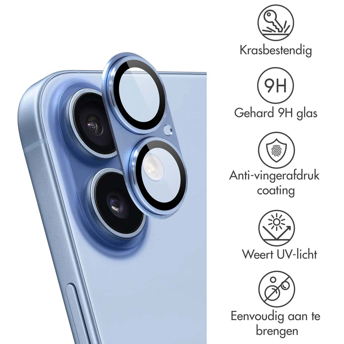 A phone with a protective lens cover. The cover has three circular lenses. Text in Dutch describes features like scratch resistance and UV protection.