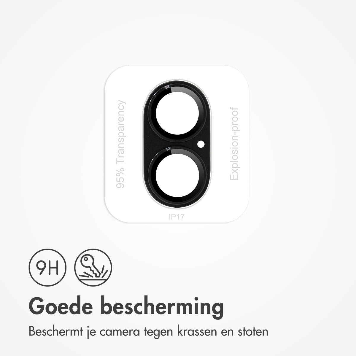 Image shows a camera lens protector with two black circles. Text includes '95% Transparency', 'Explosion-proof', and 'Goede bescherming'.