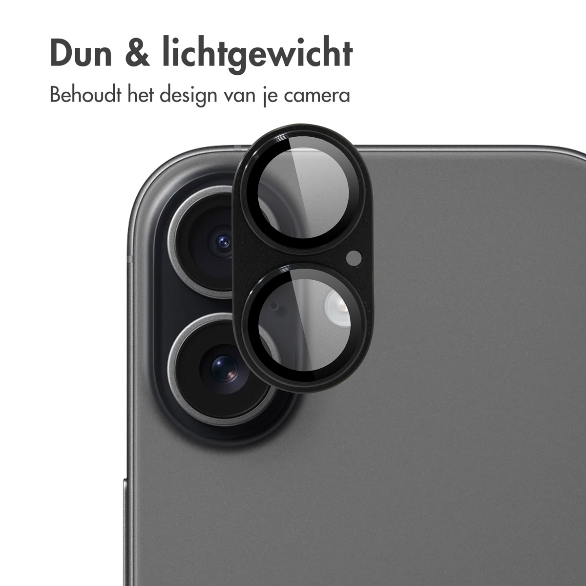 A phone back with a camera lens protector. The protector is black and covers the phone's lenses. Text reads 'Thin & Lightweight'.