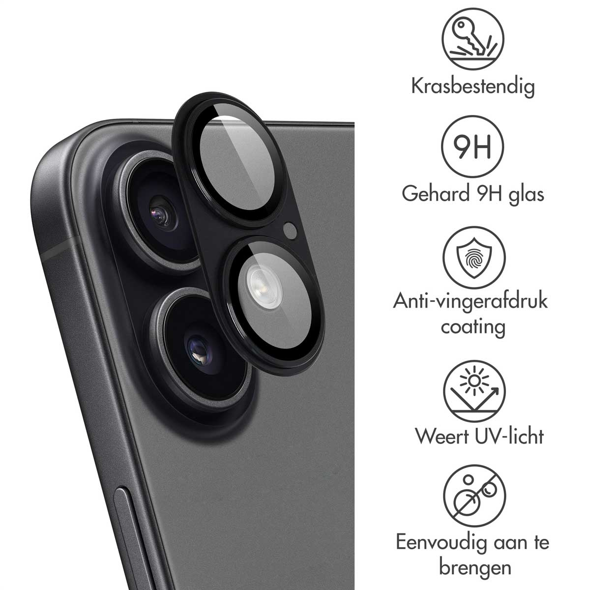 A phone with a lens protector. It has text and icons indicating features: scratch-resistant, 9H glass, anti-fingerprint, UV protection.