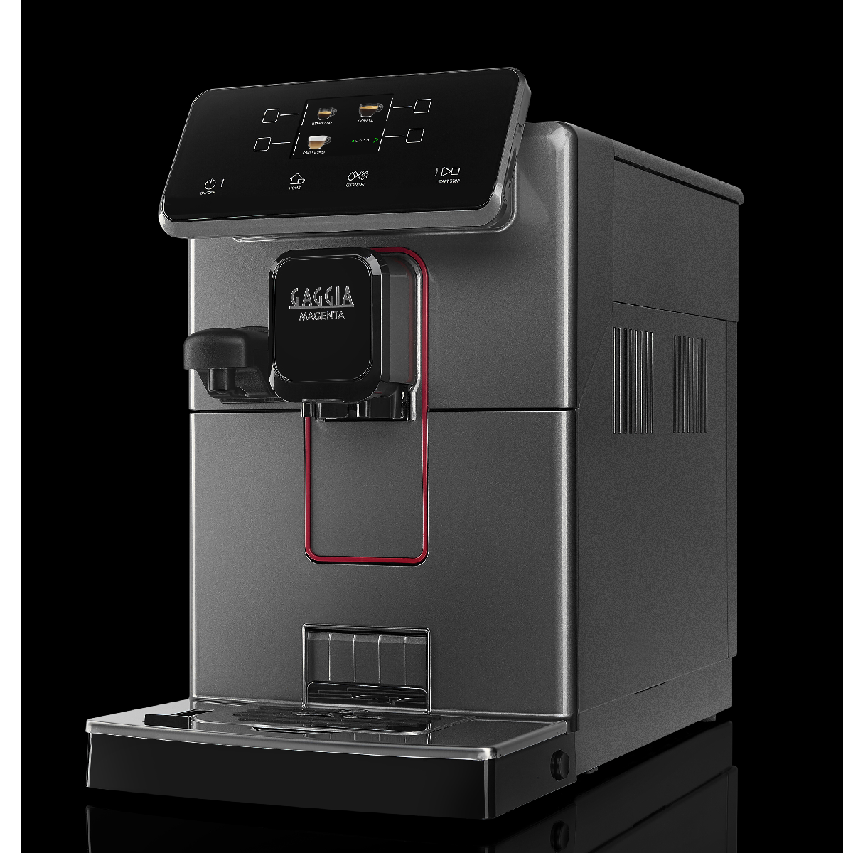 Macchina da caffè grigia Gaggia Magenta. Ha display nero con icone touch, accento rosso e base nera.