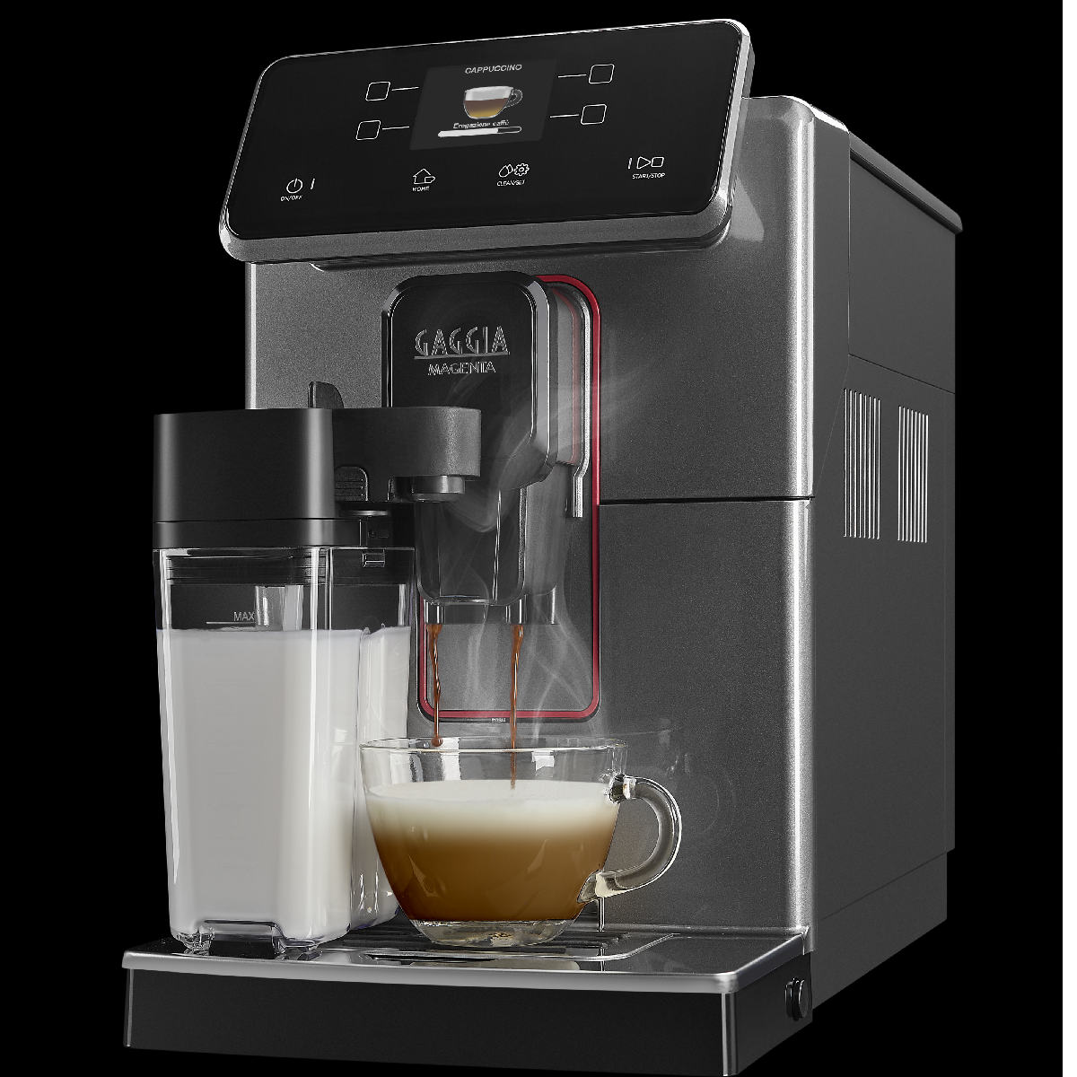 Una macchina da caffè eroga caffè in una tazza di vetro. Contenitore del latte a sinistra. Vapore che sale. Macchina grigia con dettagli rossi.