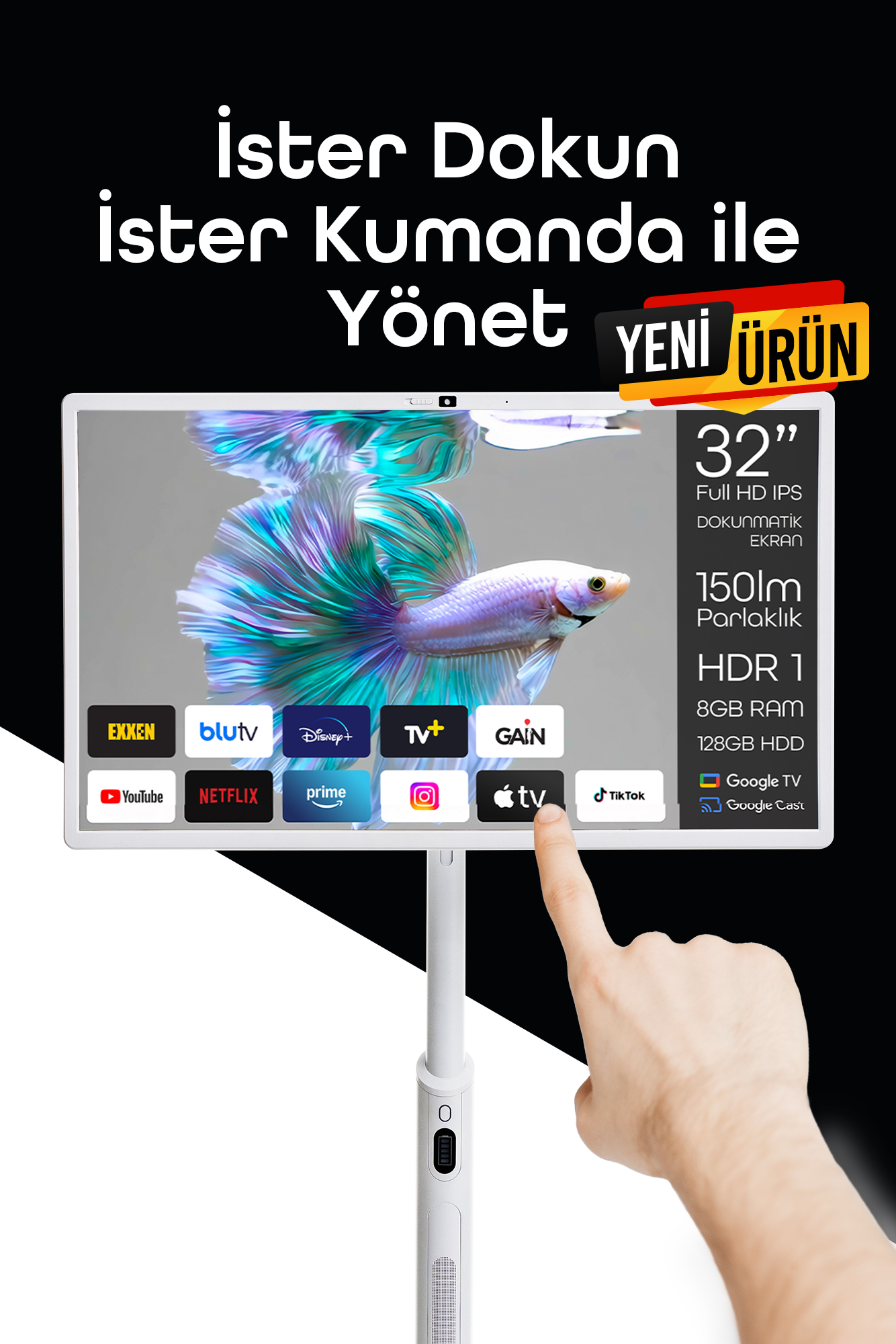 Dokunmatik ekranlı beyaz bir TV. Metin 'Yeni Ürün' diyor. Bir el, uygulamaları göstererek ekrana dokunuyor. Ekranda balık resmi var.