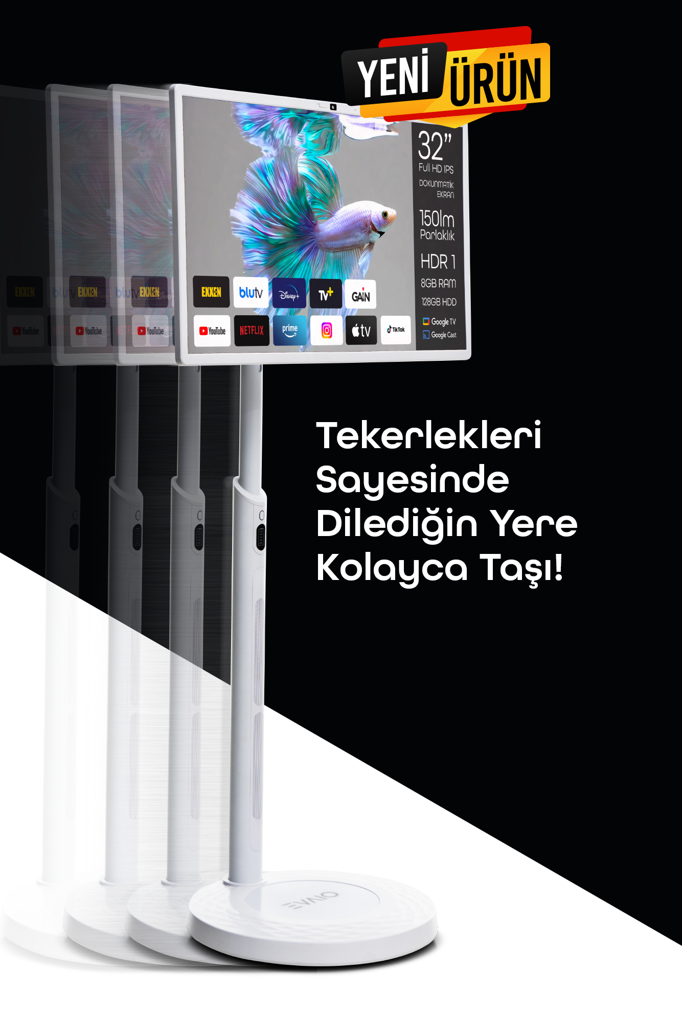 Tekerlekli beyaz bir TV. Bir balığı gösteren bir ekranı var. Arka planda metin içeren siyah bir duvar var.