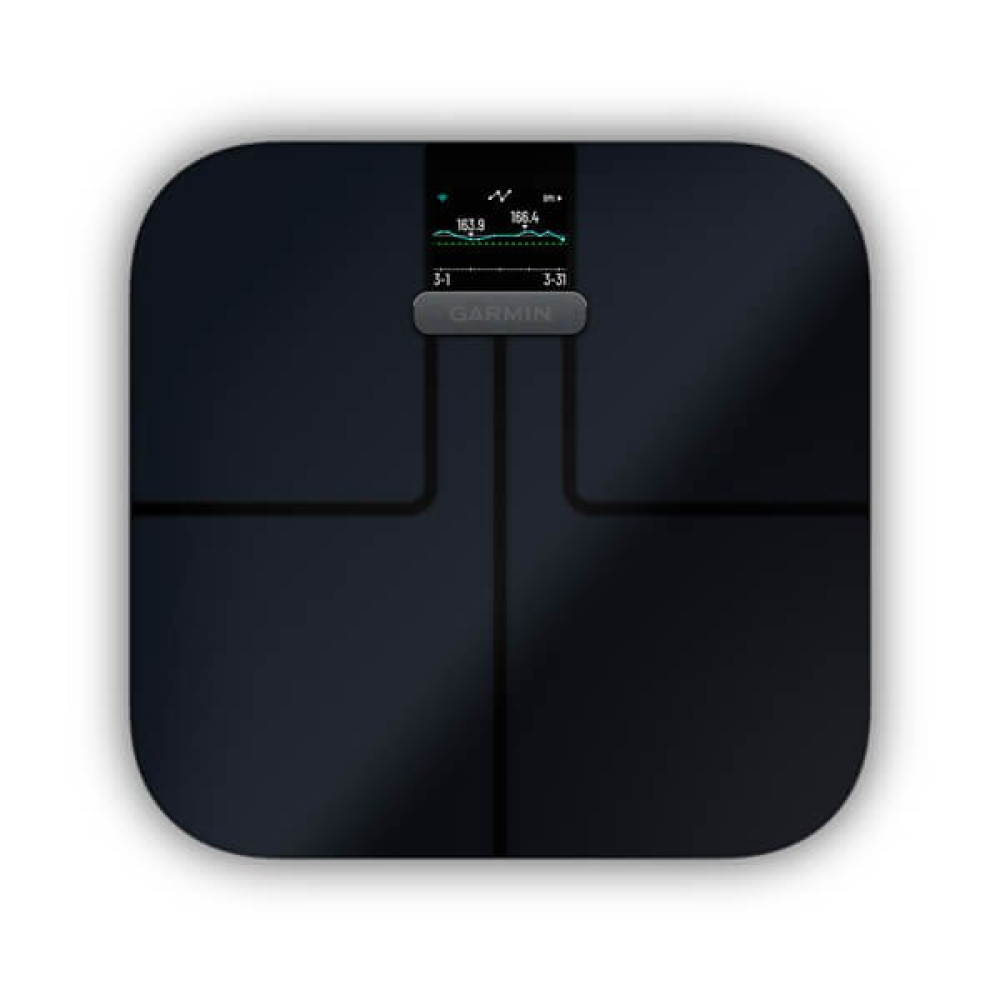 Una bilancia intelligente Garmin blu scuro. Mostra peso e altre metriche. Lo schermo mostra numeri e un piccolo grafico. Il logo Garmin è visibile.