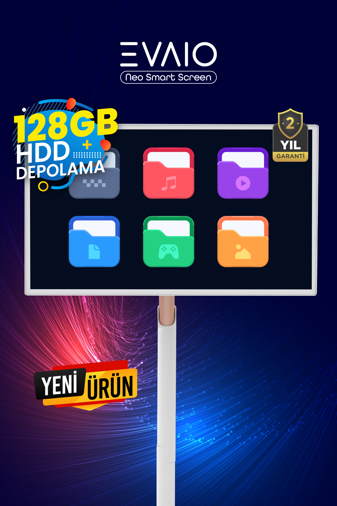 Uygulama simgeleri, 128GB HDD rozeti ve Yeni Ürün etiketi olan bir ekran, mavi ve kırmızı arka planlı.