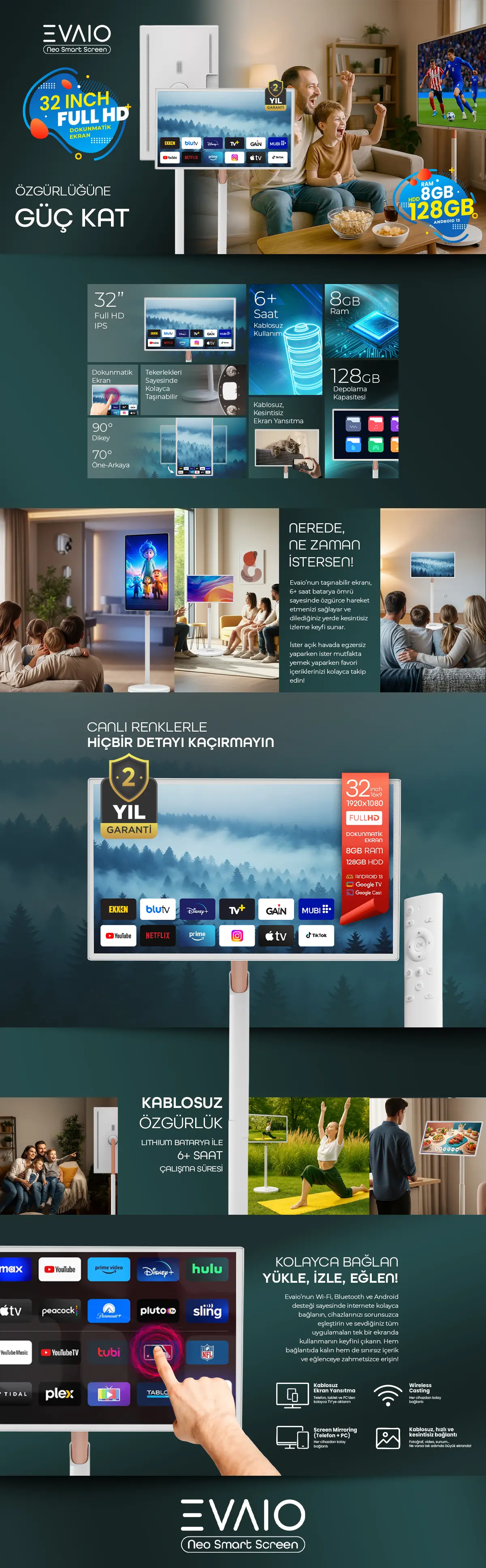 Taşınabilir TV reklamı. Özellikler arasında dokunmatik ekran, Wi-Fi ve 6+ saat pil ömrü bulunur.