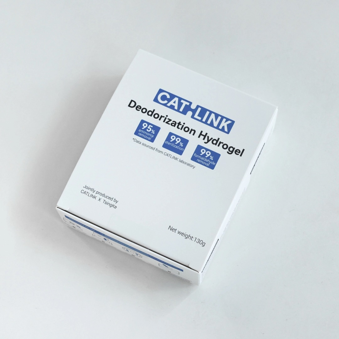 White box with "CAT-LINK Deodorization Hydrogel" label. It lists ammonia removal, sterilization, and formaldehyde removal percentages.
