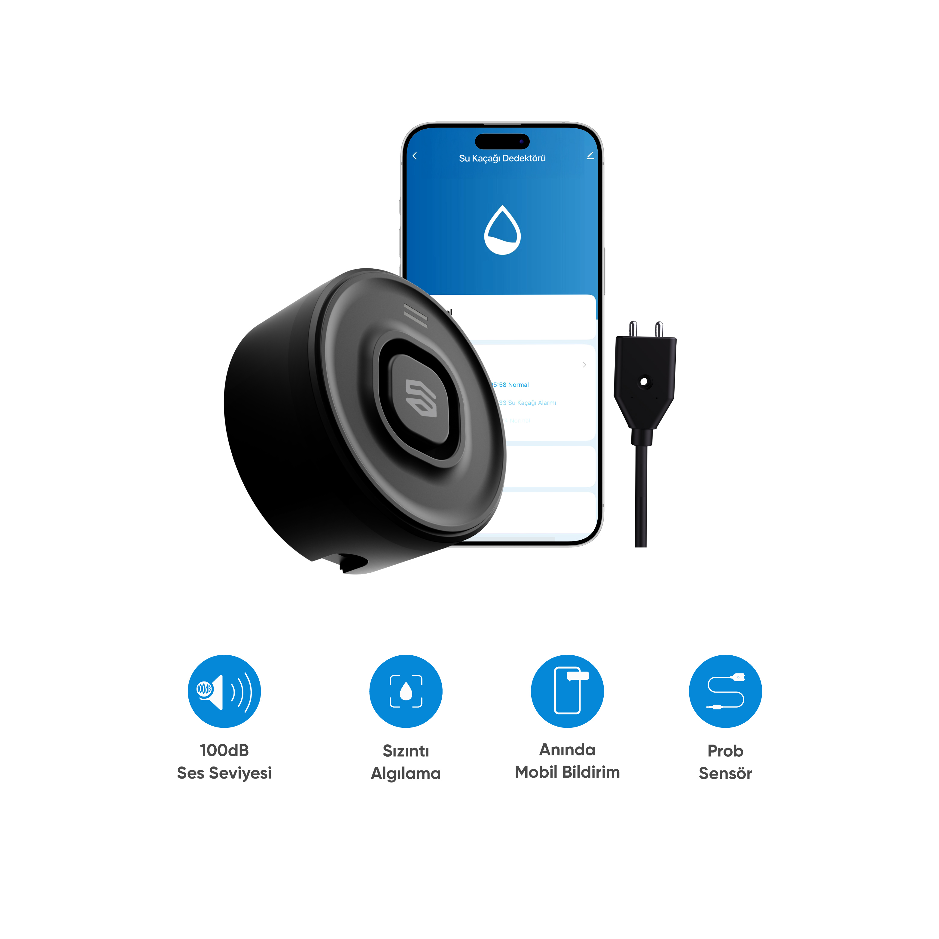 ŞIMART Problu 100 dB Alarm Sesli Uygulama Bildirimli Akıllı Su Kaçağı Dedektörü