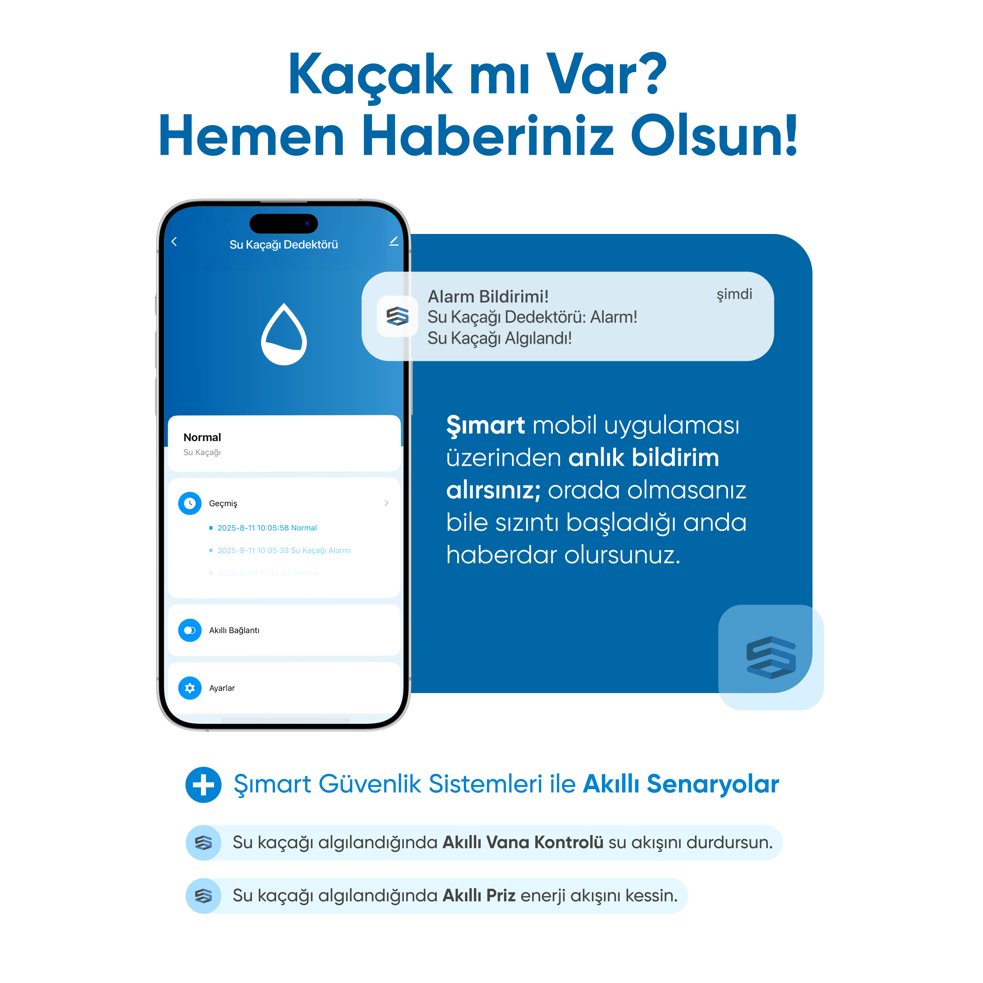 Bir telefon su kaçağı dedektörü uygulamasını gösteriyor. Yukarıdaki metin: Sızıntı mı var? Hemen bilgilendirin!