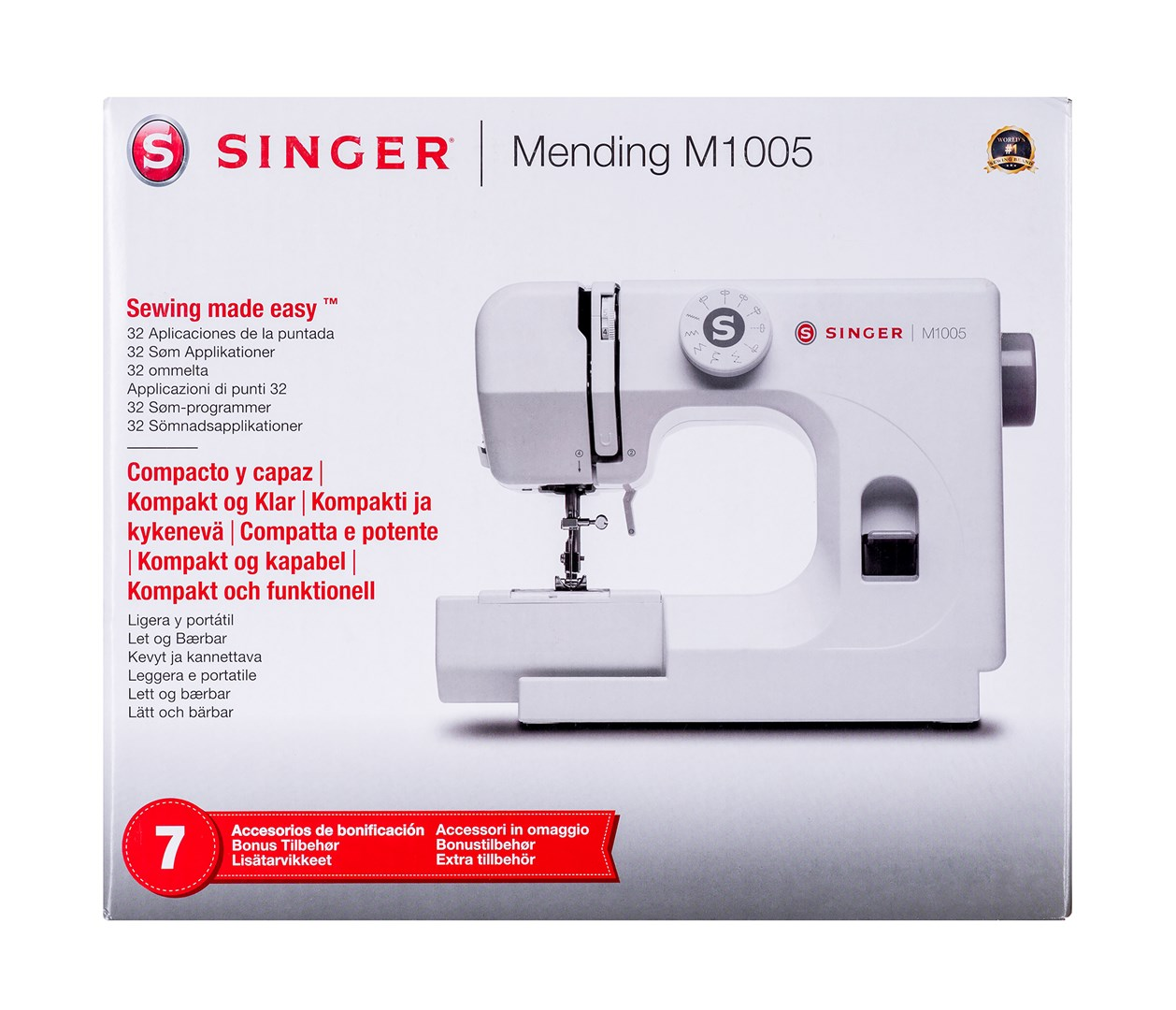 Biała maszyna do szycia Singer Mending M1005 jest wyświetlana na pudełku. Tekst zawiera 'Sewing made easy' i funkcje.