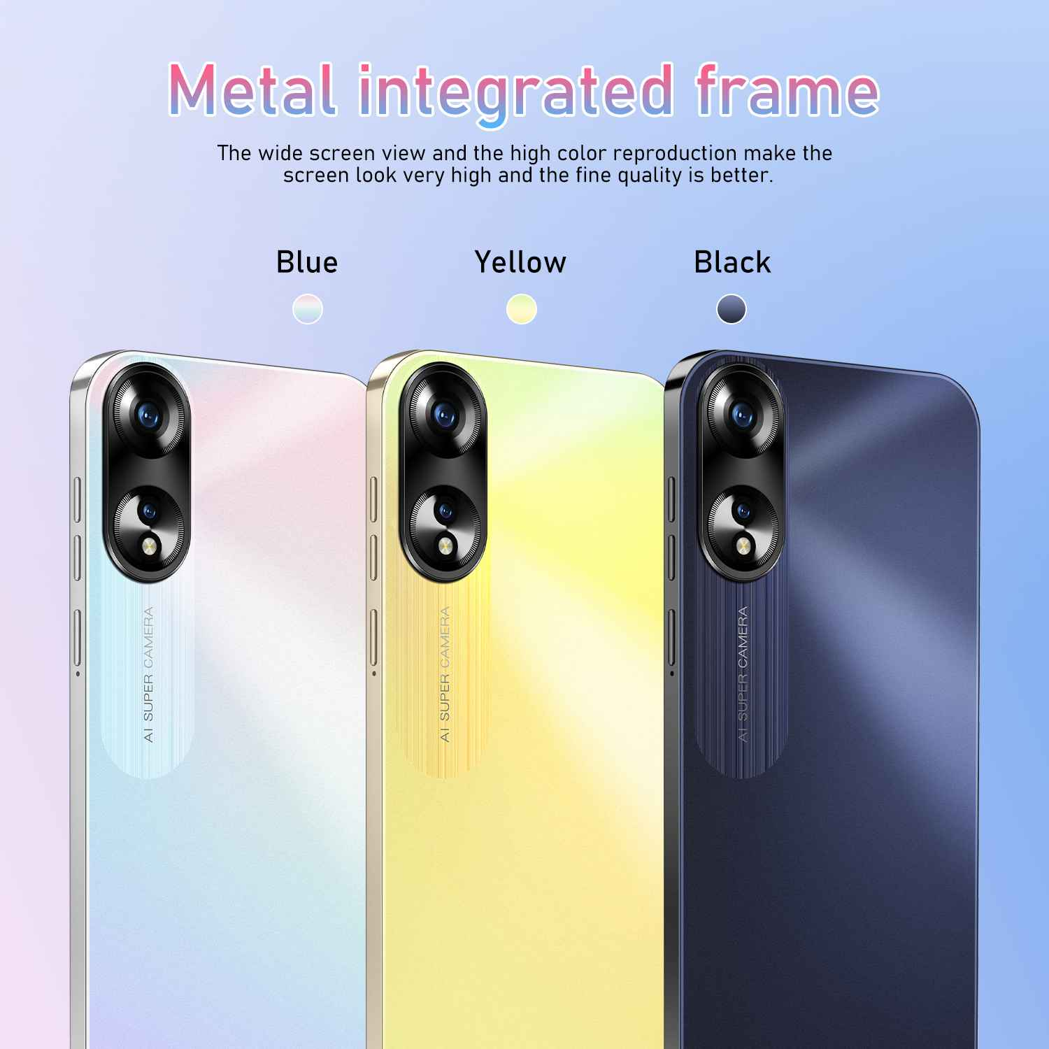 Drei Smartphones in Blau, Gelb und Schwarz. Jedes hat eine Kamera und den Text AI SUPER CAMERA. Text liest Metal integrated frame.