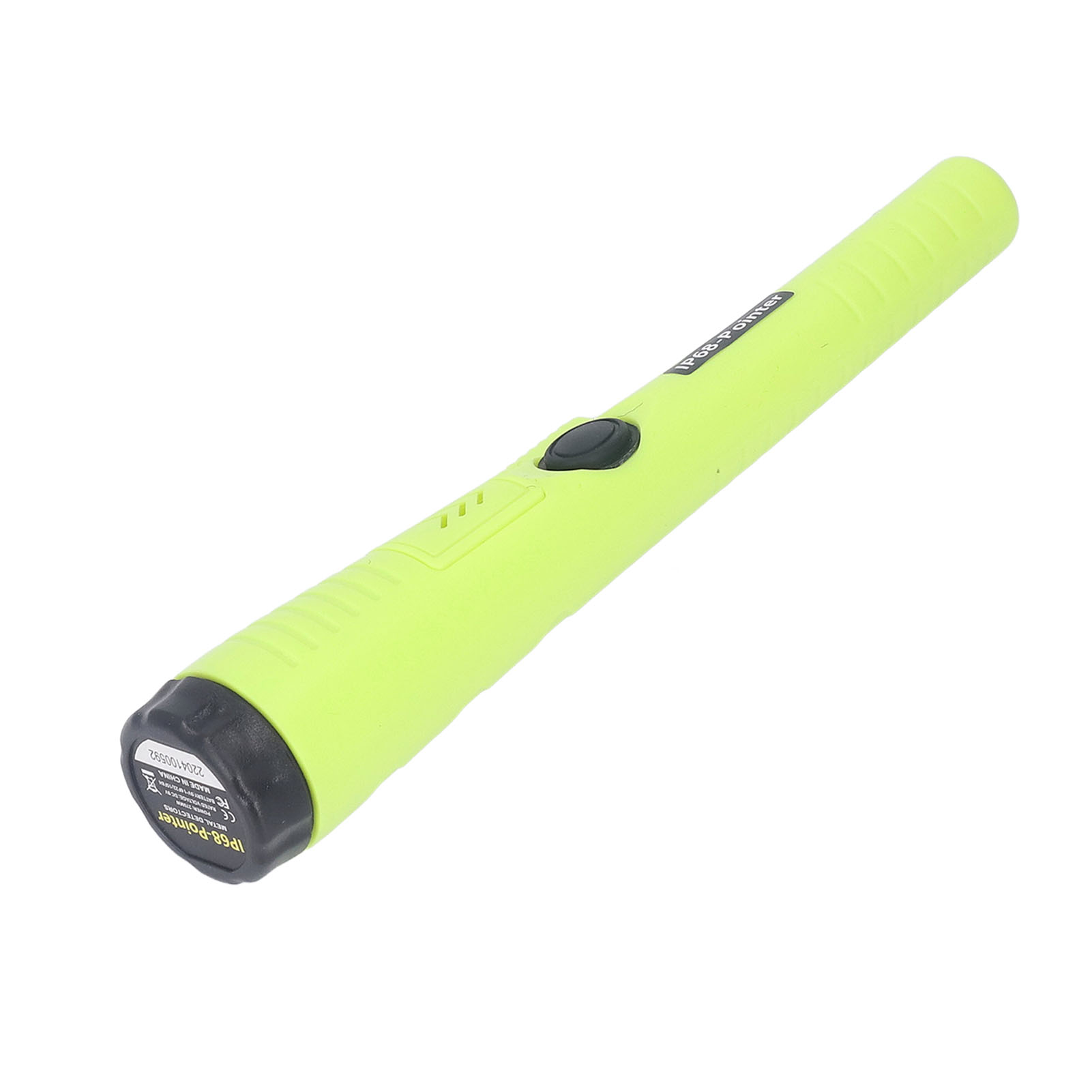 Ein gelber Metalldetektor mit schwarzer Spitze und Knopf. Der Text 'IP68-Pointer' ist sichtbar.