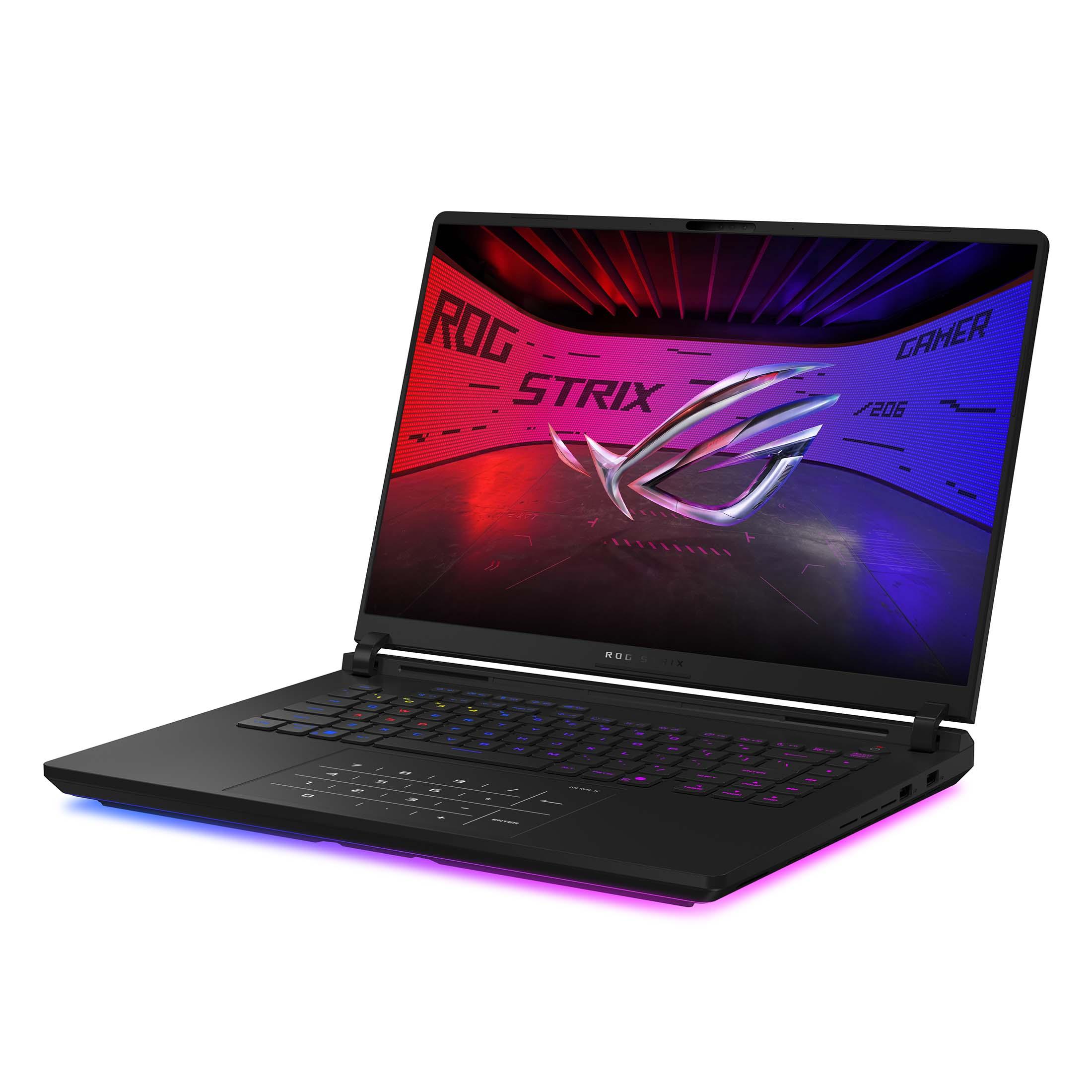 Ein schwarzer ROG Strix Gaming-Laptop wird in einem Winkel angezeigt. Der Bildschirm zeigt ein Logo und Text. Tastaturtasten sind beleuchtet.