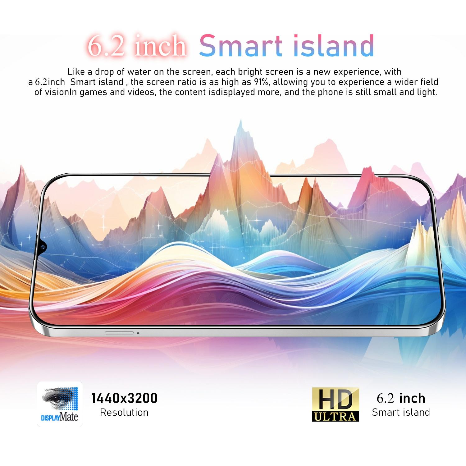 Ein Smartphone mit buntem, abstraktem Hintergrund. Oben steht '6,2 Zoll Smart Island'. DisplayMate- und HD Ultra-Labels sind sichtbar.