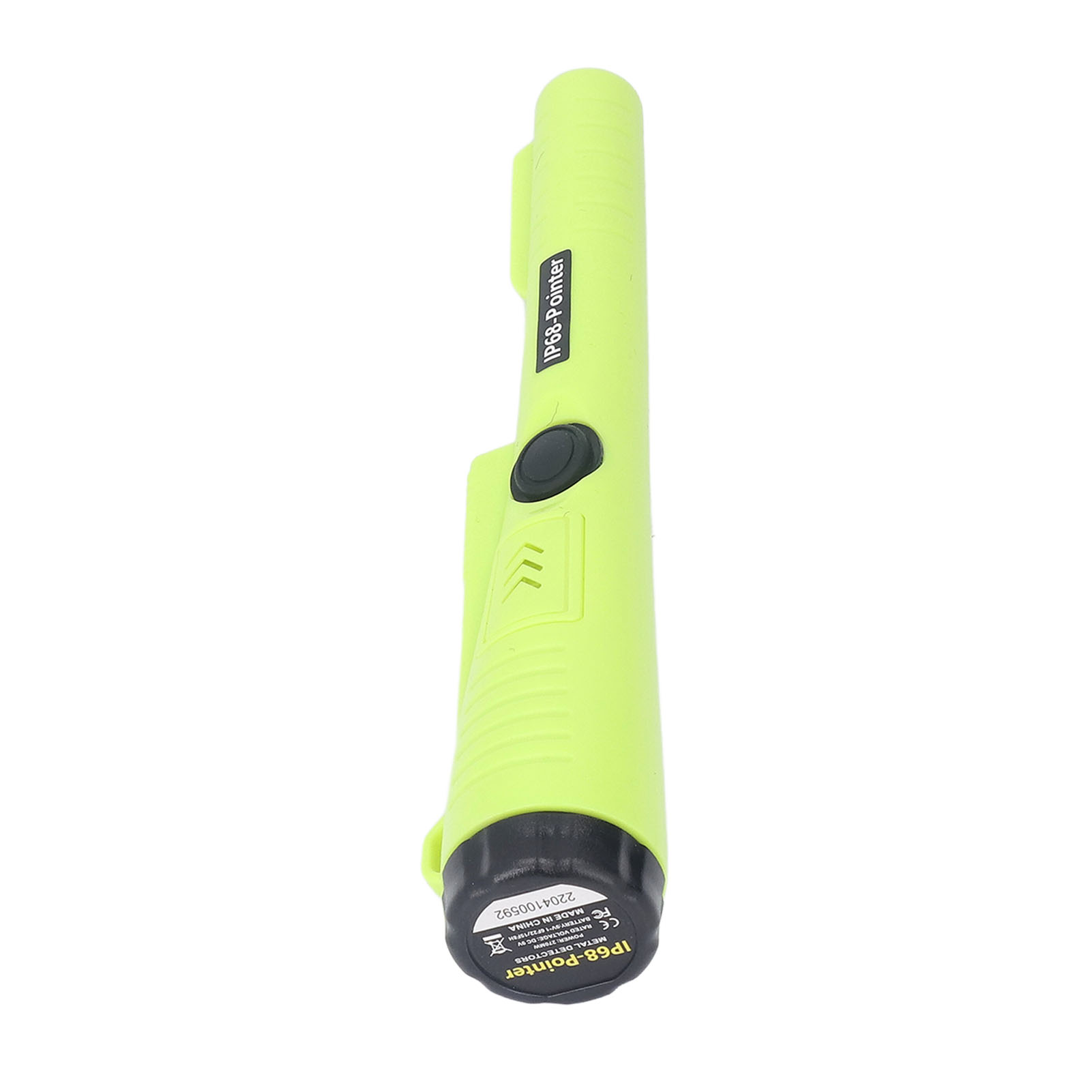 Ein limettengrüner IP68-Pointer Metalldetektor. Es hat einen schwarzen Knopf, Pfeile und Text. Der Boden ist schwarz.