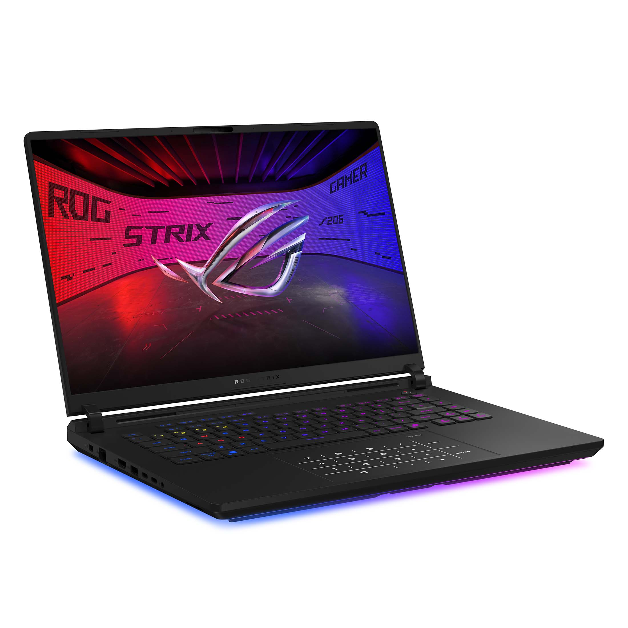 Schwarzer Gaming-Laptop, ROG Strix. Der Bildschirm zeigt ein Logo und Text. Tastatur leuchtet in mehreren Farben. Weißer Hintergrund.