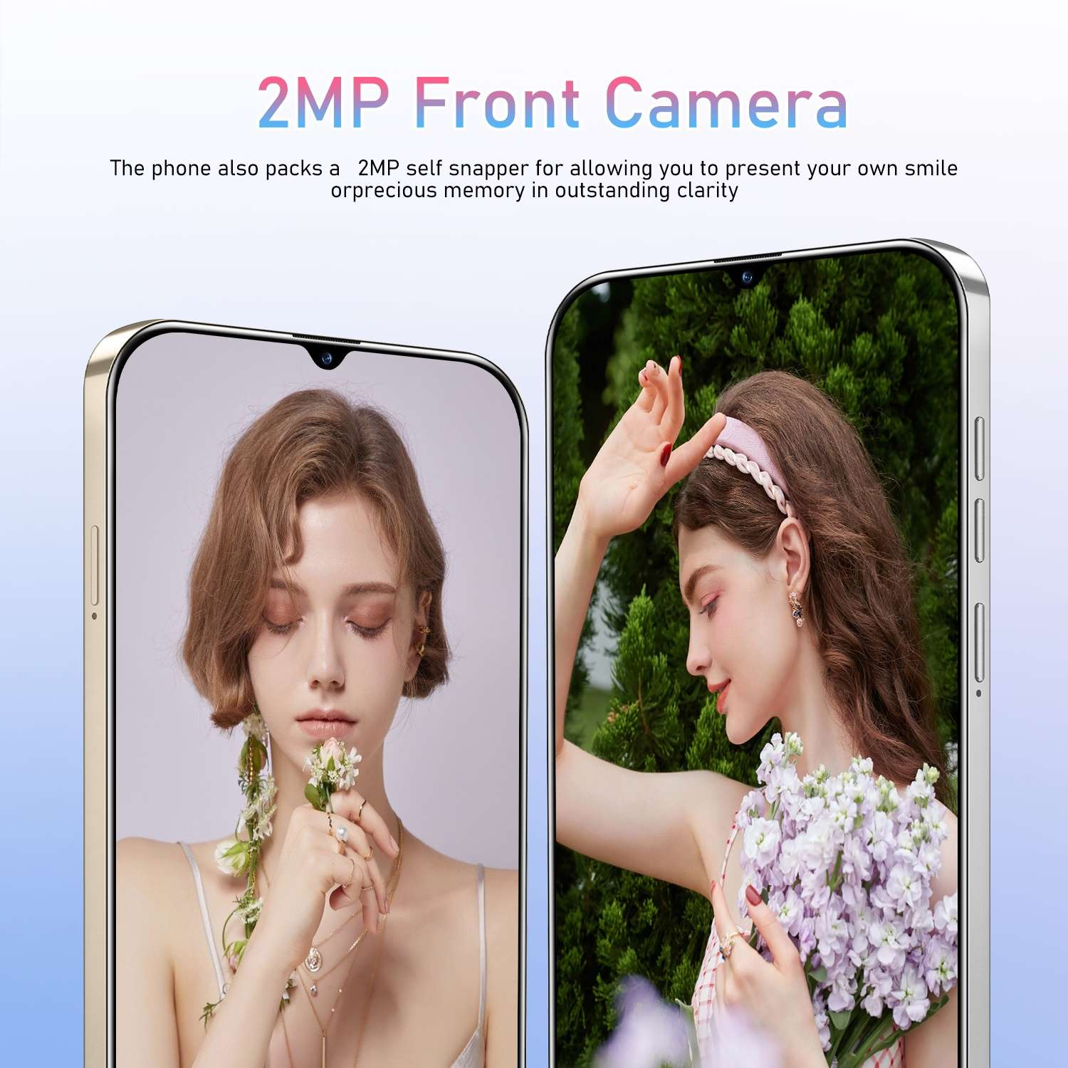 Zwei Telefone, die Frauen zeigen. Eine hält weiße Blumen, die andere einen Blumenstrauß. Der Text oben lautet '2MP Frontkamera'.