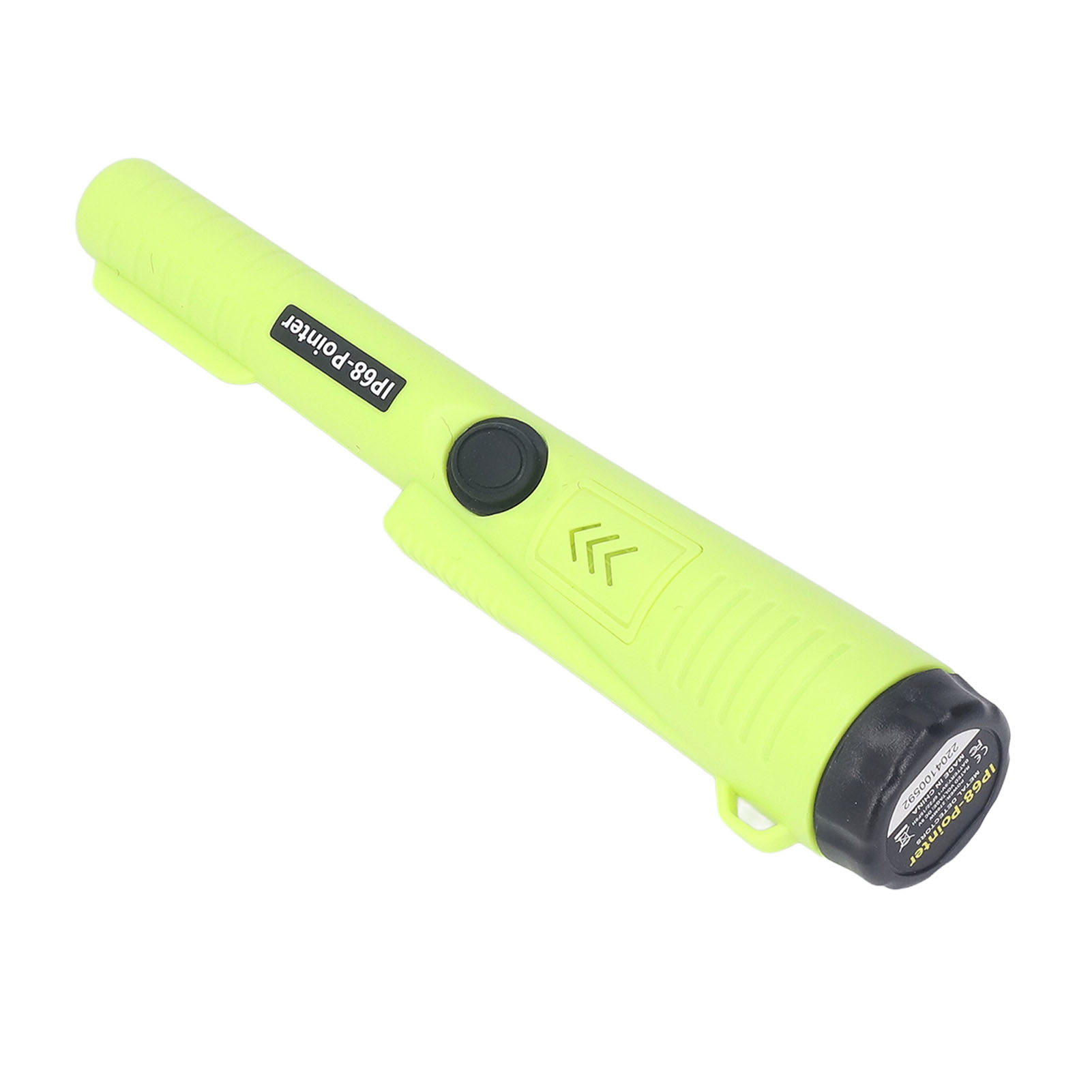 Ein gelber IP68-Pointer Metalldetektor auf weißem Hintergrund. Es hat einen schwarzen Knopf und ein Etikett mit dem Produktnamen.