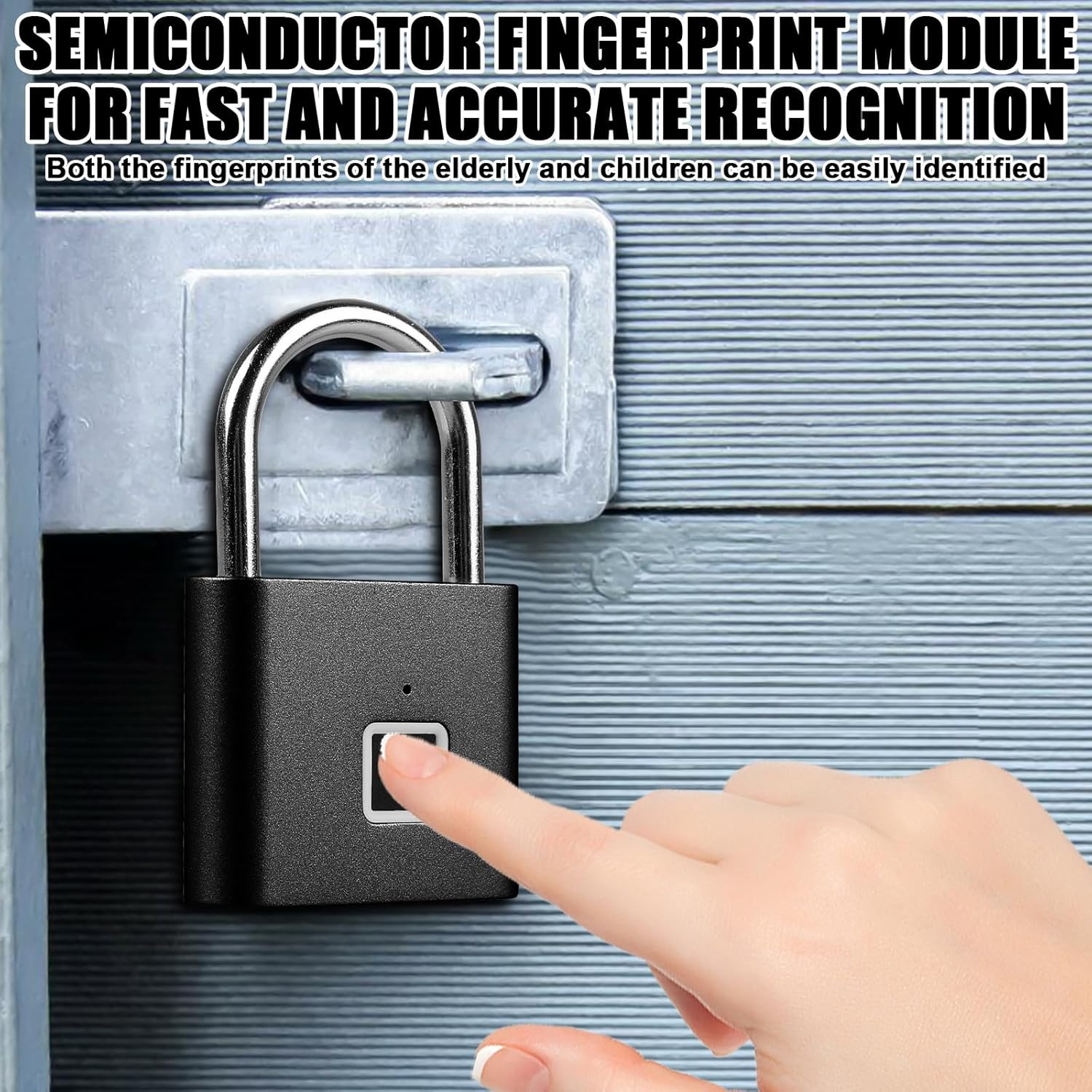 Ein schwarzes Vorhängeschloss mit Fingerabdrucksensor. Ein Finger berührt den Sensor. Text oben: Halbleiter-Fingerabdruckmodul für schnelle Erkennung.