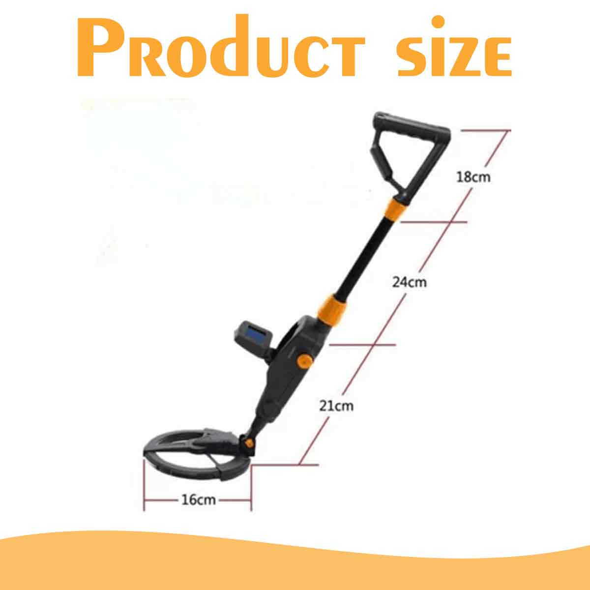 Das Bild zeigt einen Metalldetektor mit Maßangaben. Der Text 'Produktgröße' steht oben. Der Detektor ist schwarz und orange.