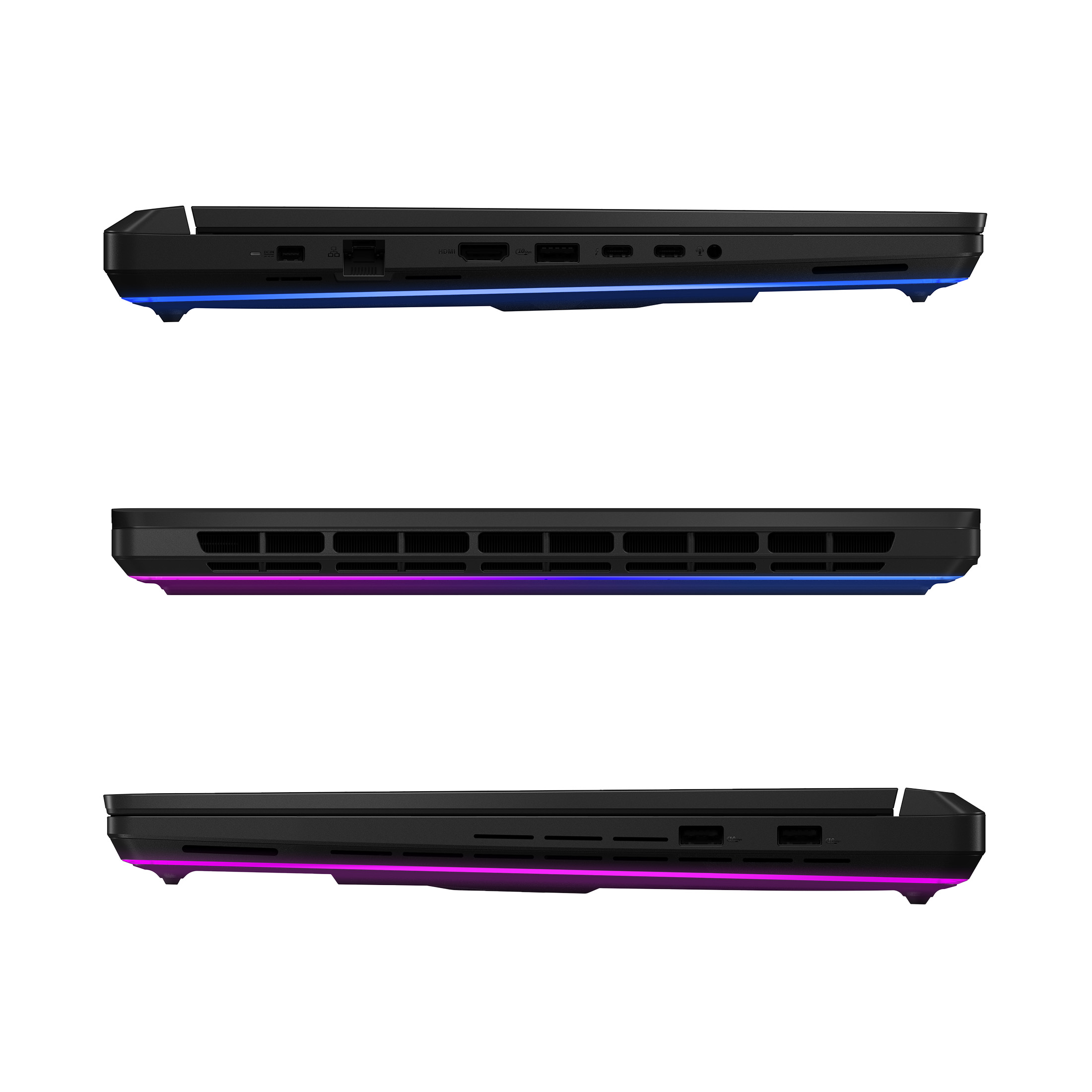 Drei Seitenansichten eines schwarzen Laptops mit leuchtenden Farbakzenten. Anschlüsse und Lüfter sind sichtbar.