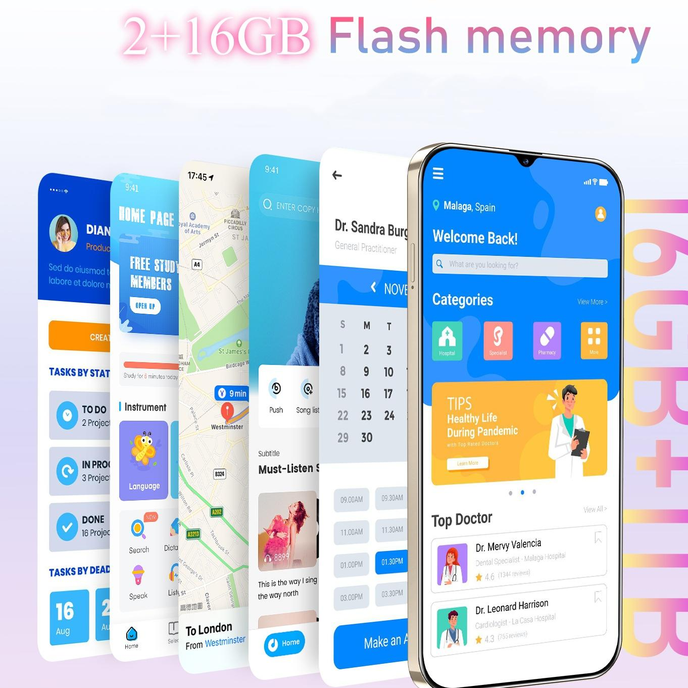 Ein Smartphone zeigt App-Bildschirme: Kalender, Karte, Gesundheitstipps und Arztprofile. Text-Overlay: 2+16GB Flash-Speicher.