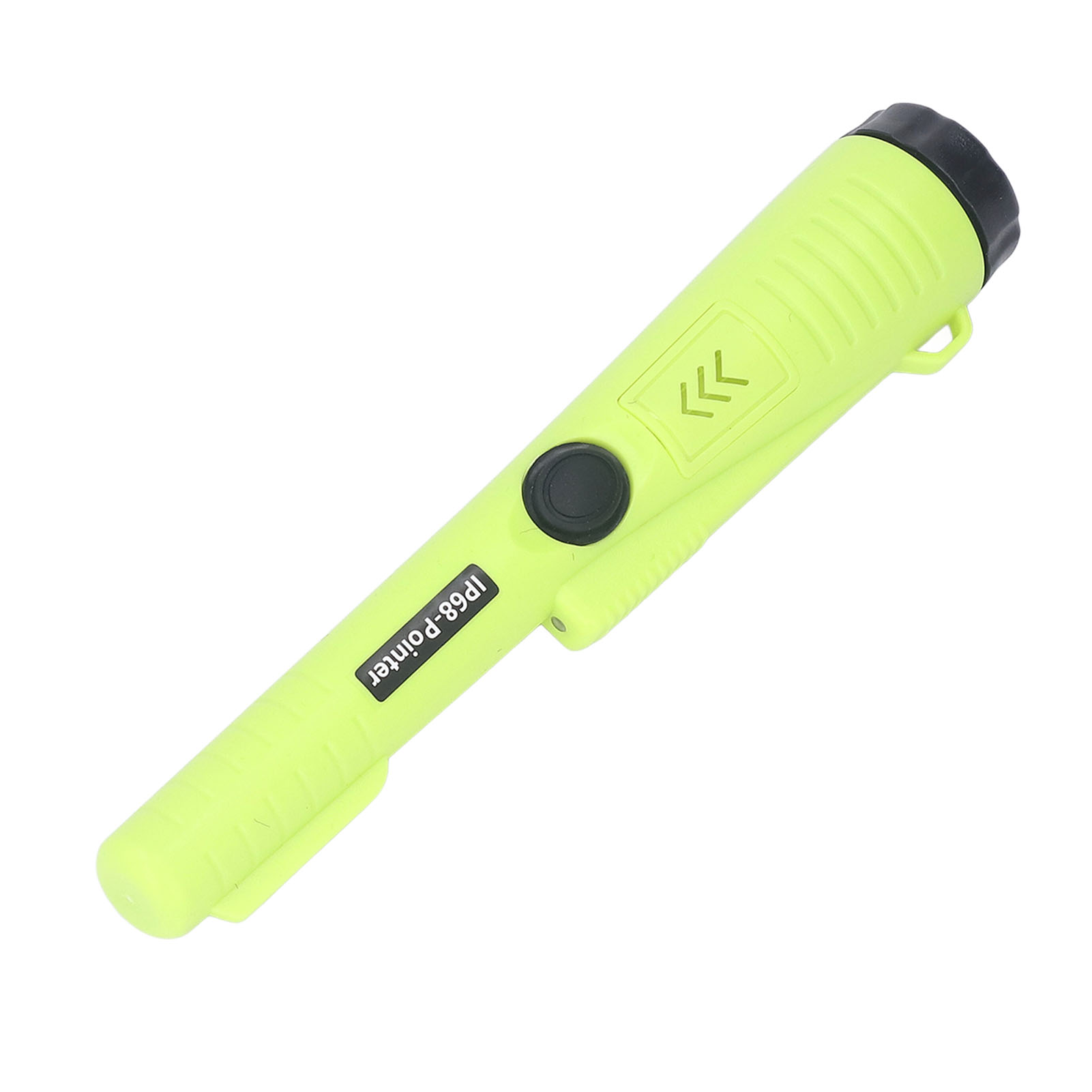 Ein gelber Metalldetektor-Zeiger auf weißem Hintergrund. Er hat eine schwarze Spitze und einen Knopf.