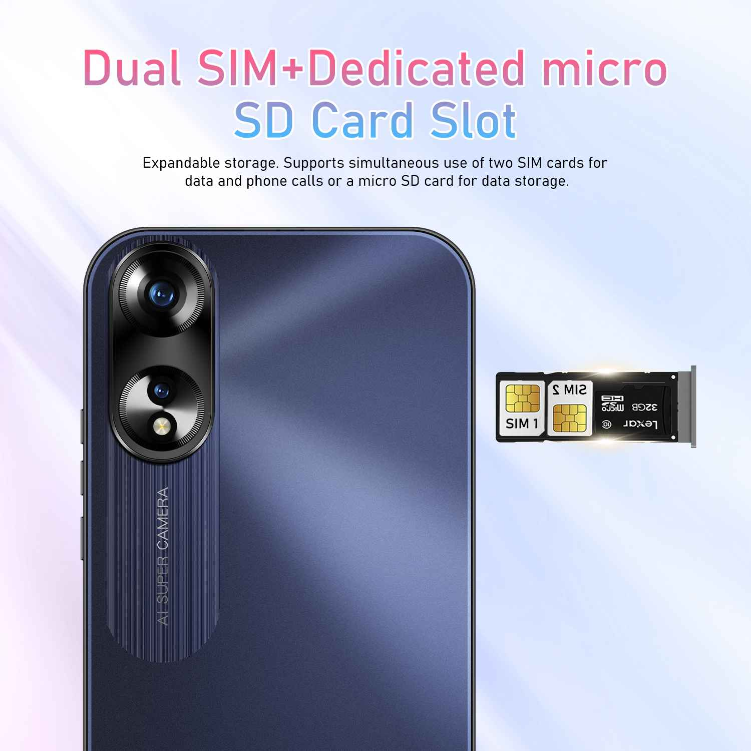 Ein Smartphone mit Dual-Kamera, SIM-Karten- und SD-Karten-Slots. Text erwähnt Dual-SIM und erweiterbaren Speicher.