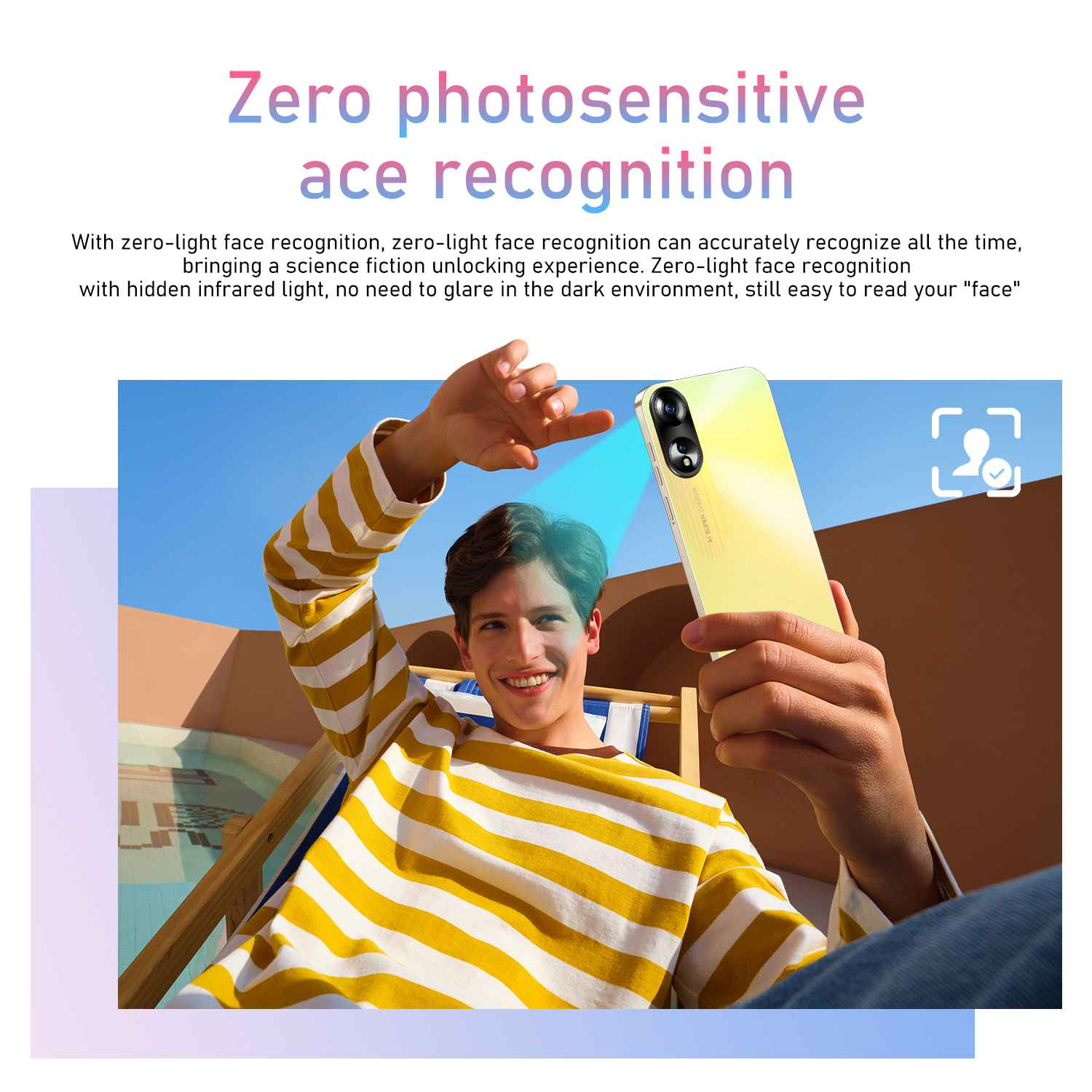 Ein Mann hält ein gelbes Telefon und lächelt. Er trägt ein gestreiftes Hemd. Text: 'Zero photosensitive ace recognition'.