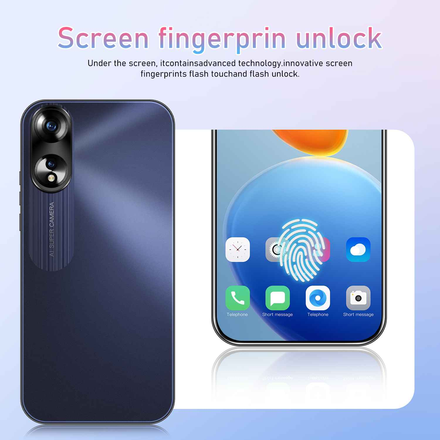 Ein Smartphone zeigt die Funktion zum Entsperren per Fingerabdruck auf dem Bildschirm. Es hat eine Kamera und einen Bildschirm mit Symbolen.