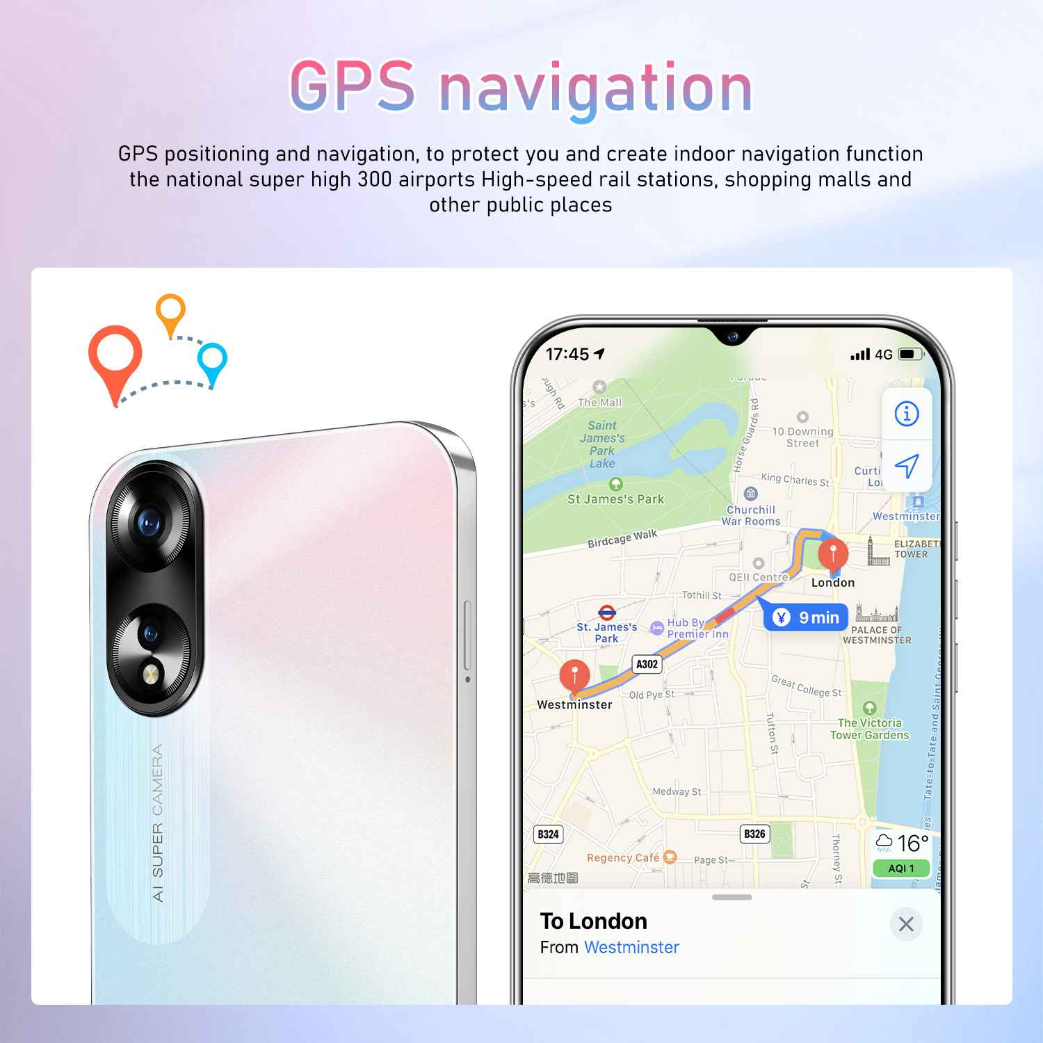 Telefon mit GPS-Navigation nach London. Die Karte zeigt die Route von Westminster. Telefon hat Kamera und KI-Funktionen.