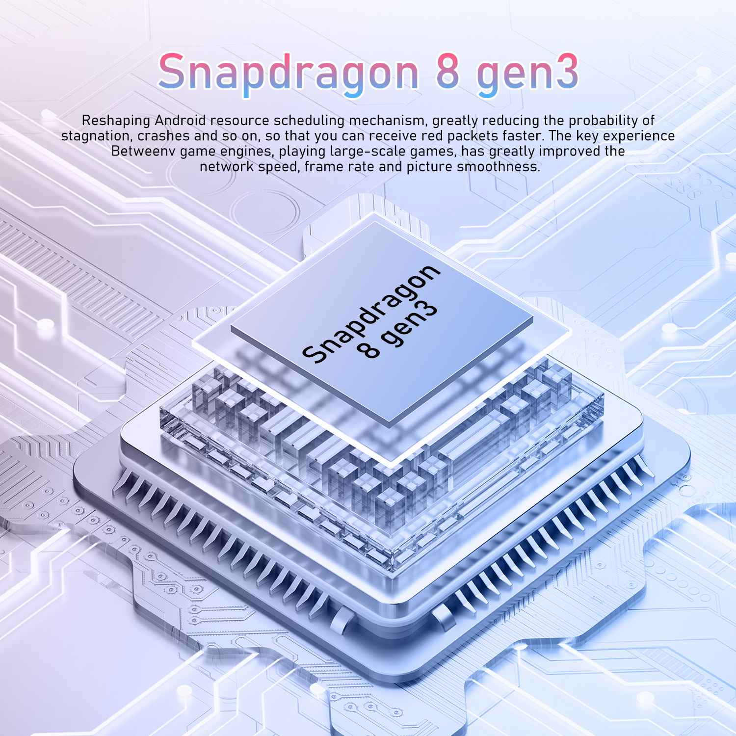 Eine technische Grafik eines Prozessors mit der Aufschrift Snapdragon 8 gen3. Sie hat ein blaues und weißes Farbschema mit Leiterplattendesigns.