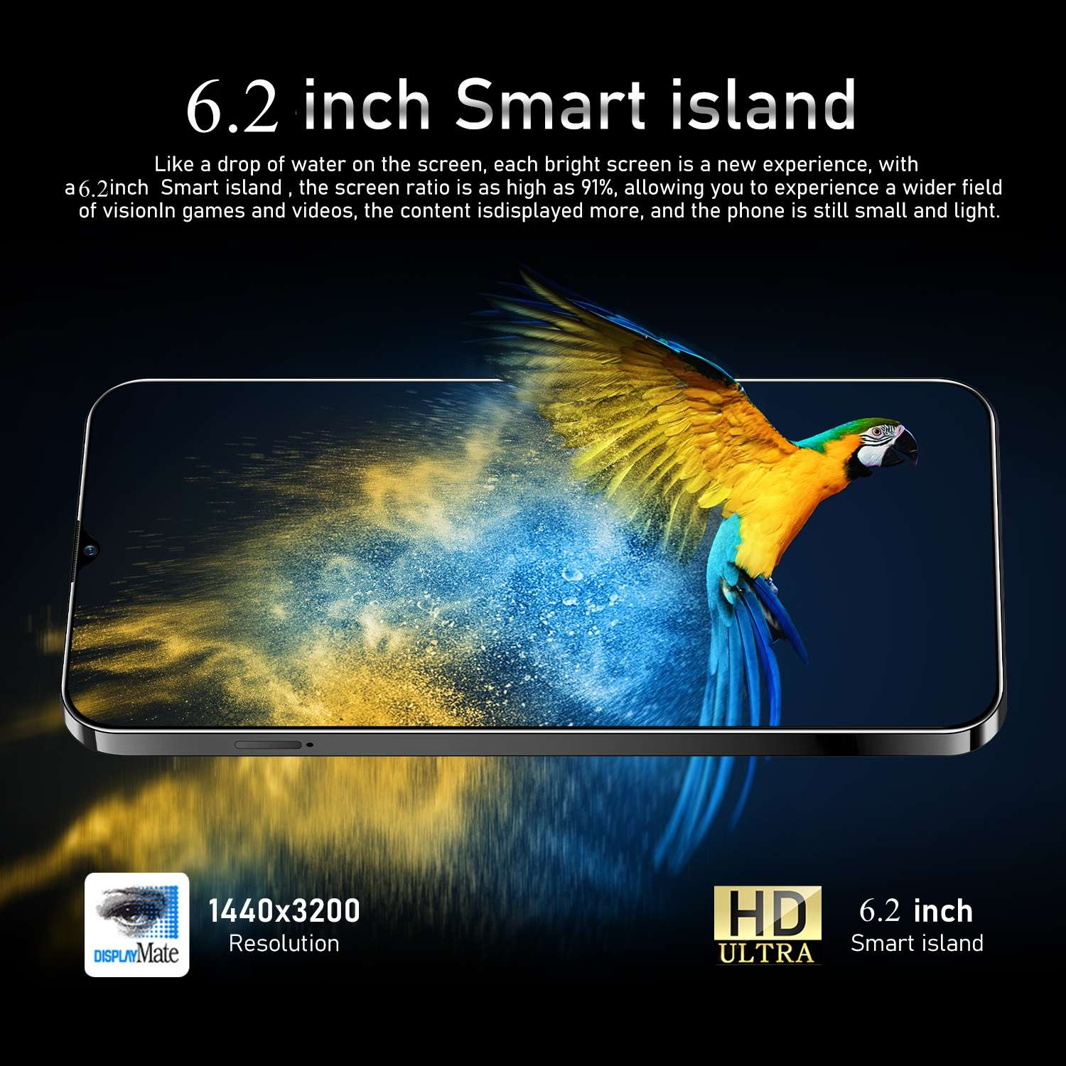 Ein Telefonbildschirm zeigt einen bunten Papagei. Text erwähnt '6,2 Zoll Smart Island', Auflösung und 'HD Ultra'.