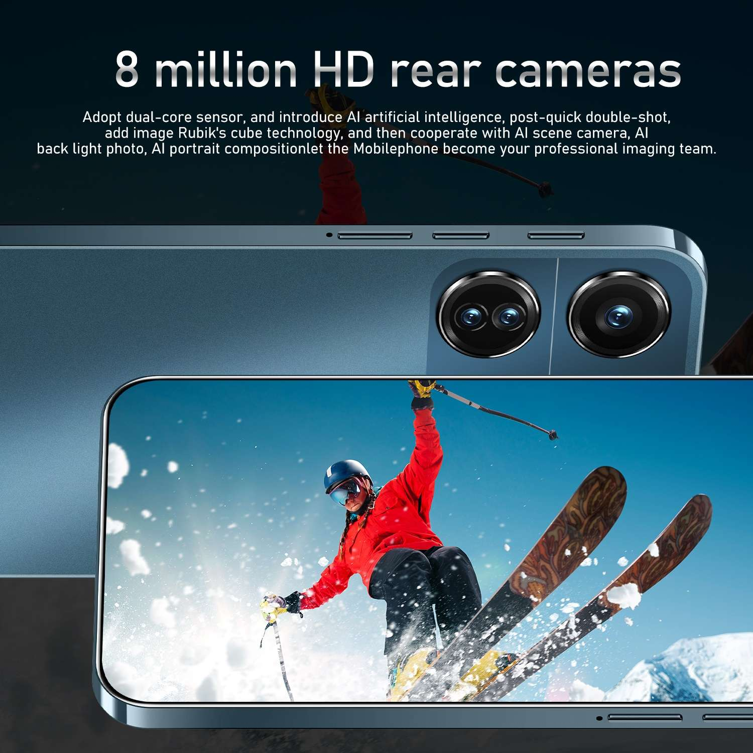 Telefon mit Skifahrer auf dem Bildschirm. Skifahrer in roter Jacke, fährt Ski einen schneebedeckten Berg hinunter. Telefondaten: 8 Millionen HD-Rückkameras.