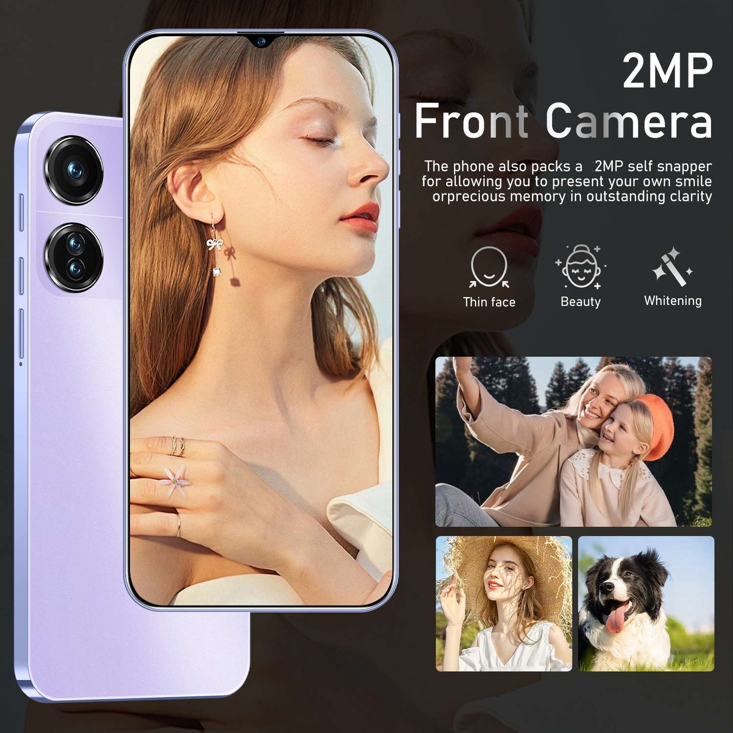 Ein Telefon mit Frontkamera-Funktion. Auf dem Bildschirm ist das Gesicht einer Frau zu sehen, darunter sind drei kleinere Fotos abgebildet.