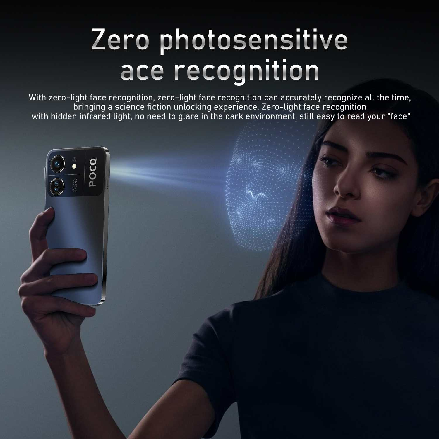 Eine Frau hält ein Telefon, Gesichtserkennung aktiv. Text: 'Zero photosensitive ace recognition'.