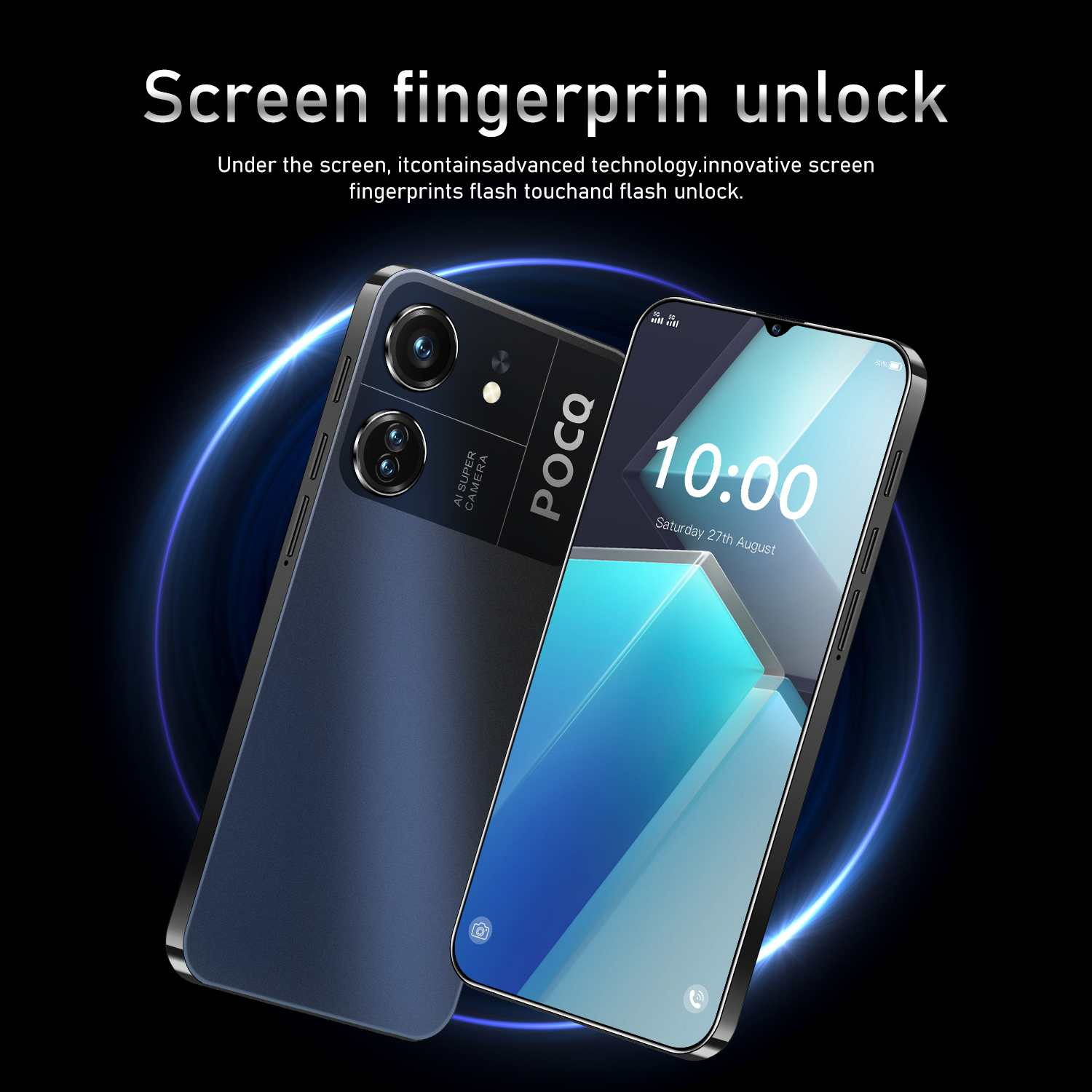 Zwei Smartphones, eines zeigt die Uhrzeit, das andere die Rückseite mit Dual-Kamera und POCO-Logo auf dunklem Hintergrund.