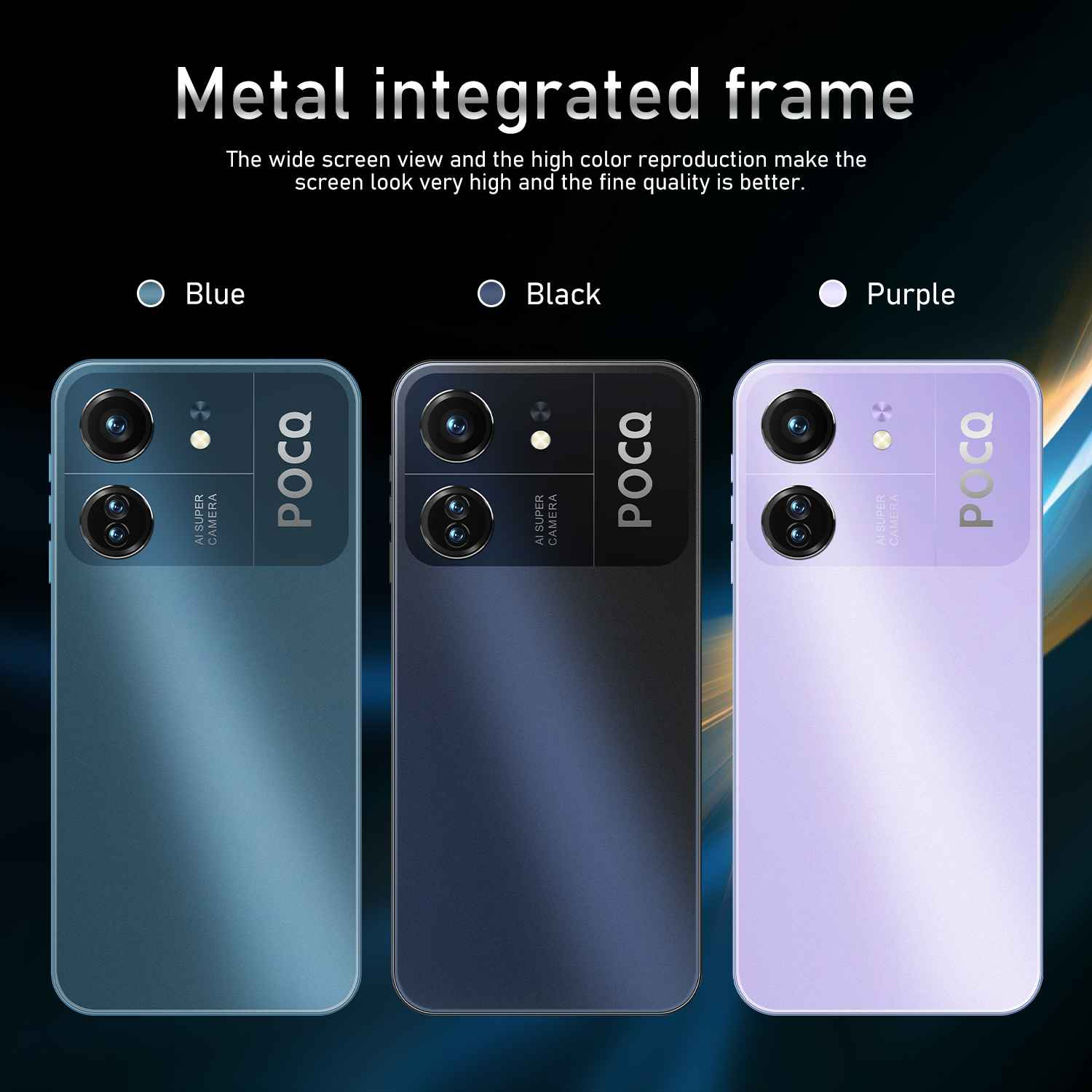 Drei Smartphones: blau, schwarz und lila. Jedes hat Kameras und das POCO-Logo. Text: Metallrahmen integriert.