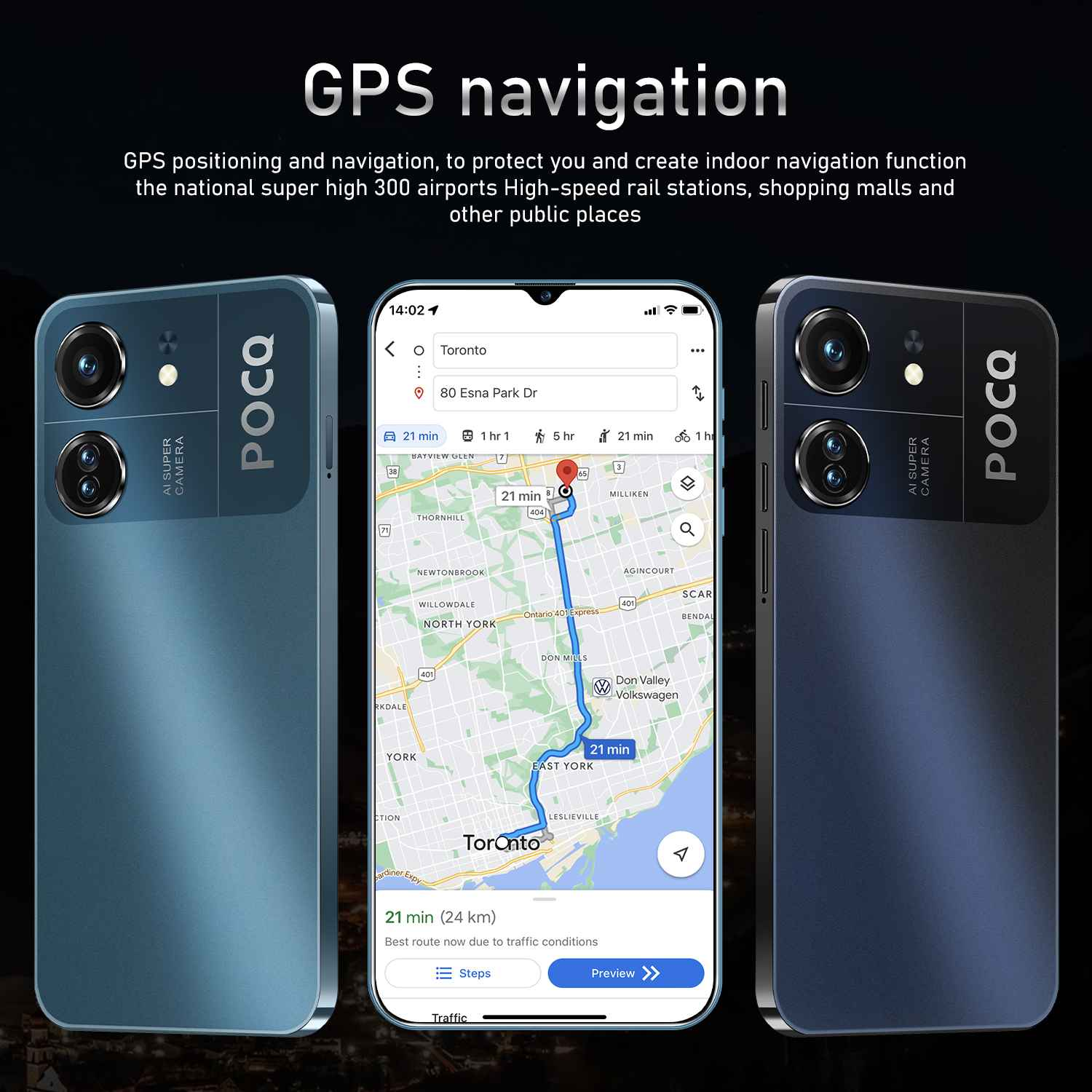 Drei Smartphones mit einer Navigationskarte auf einem Bildschirm. Die Karte zeigt eine Route von Esna Park Dr nach Toronto, 21 Minuten entfernt.