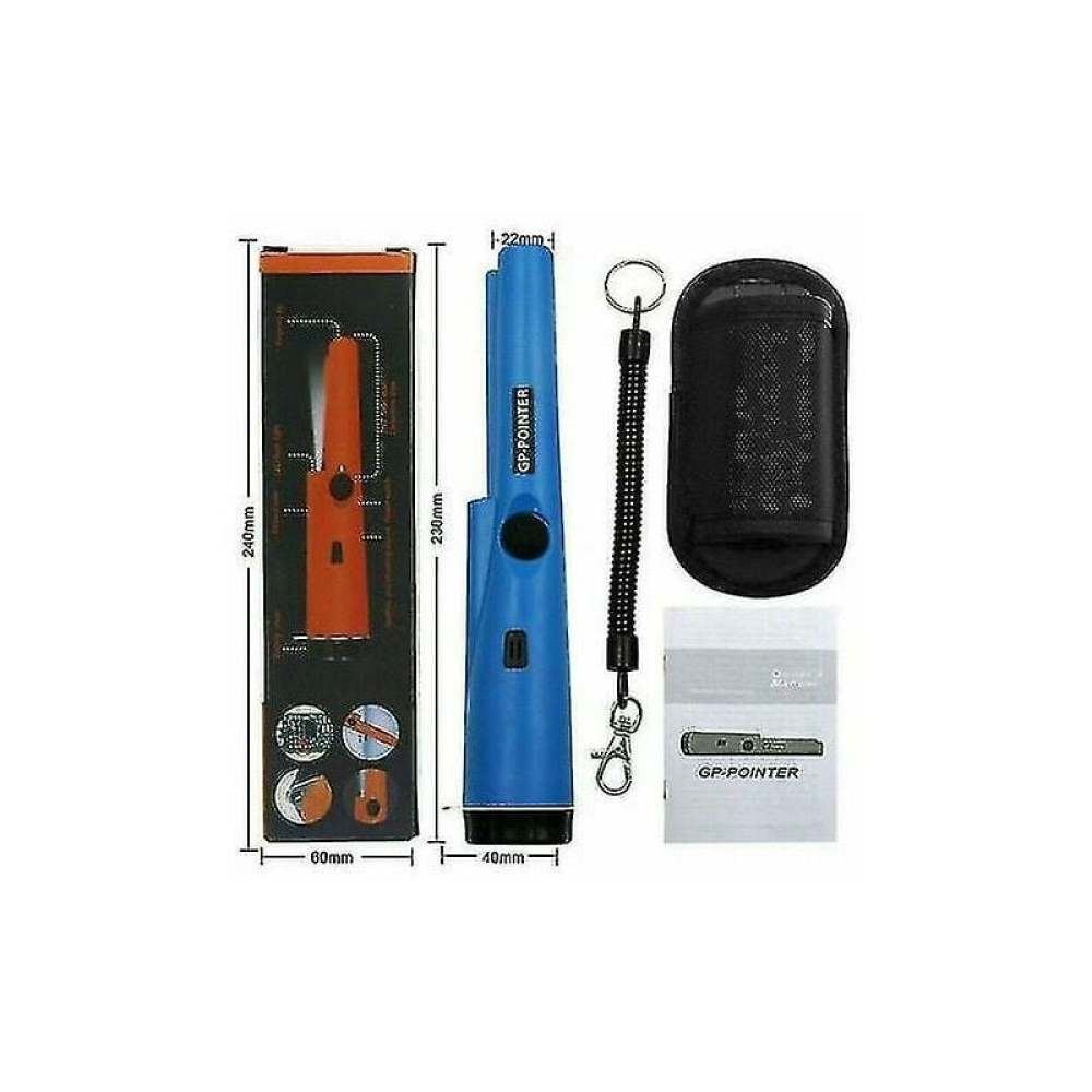 Ein Metalldetektor-Set, bestehend aus einem blauen Detektor, einer schwarzen Tasche und einer Box mit einem orangefarbenen Detektor. Abmessungen sind angegeben.