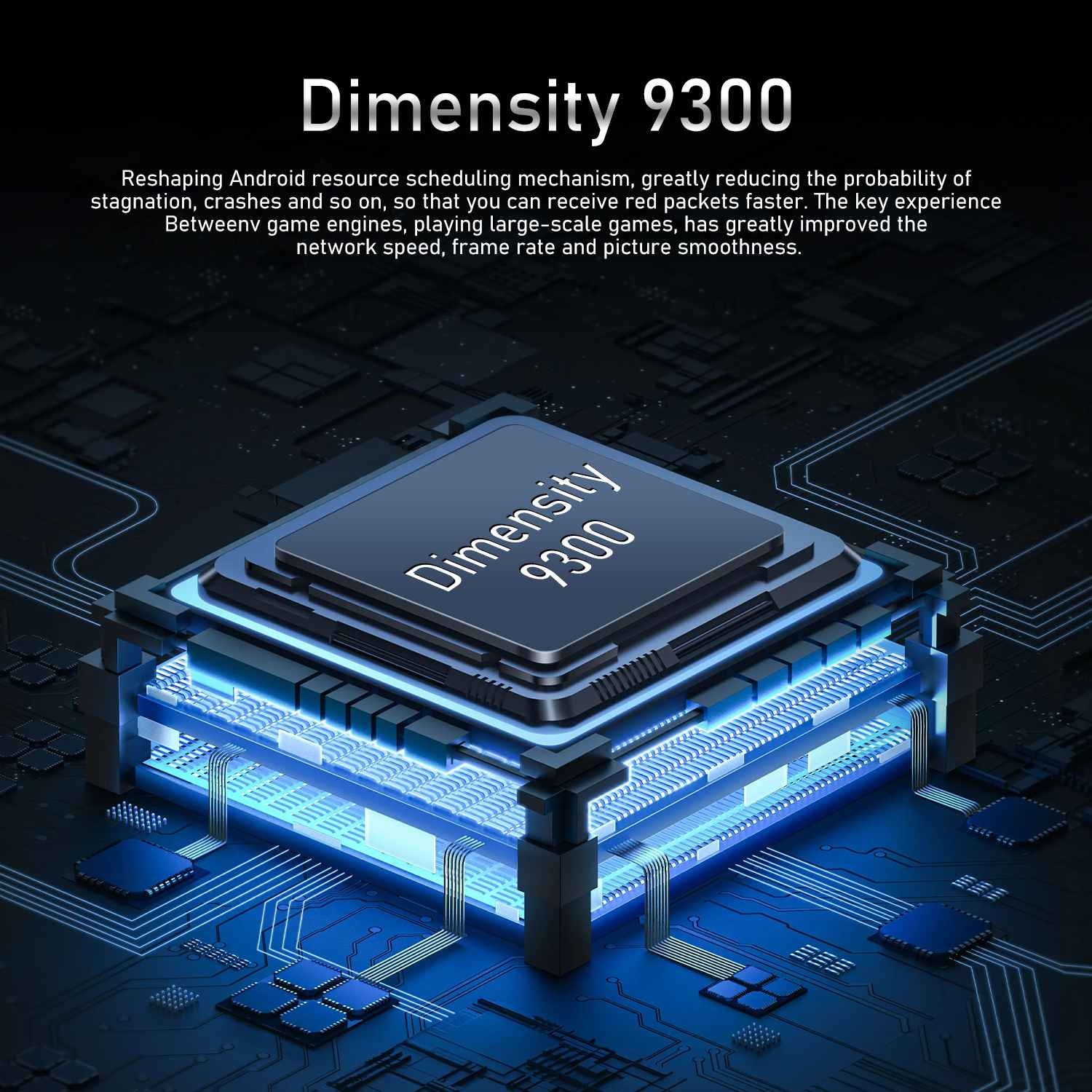 Eine technische Illustration eines Dimensity 9300 Prozessors auf einer blauen Leiterplatte mit Text über Leistung und Gaming.