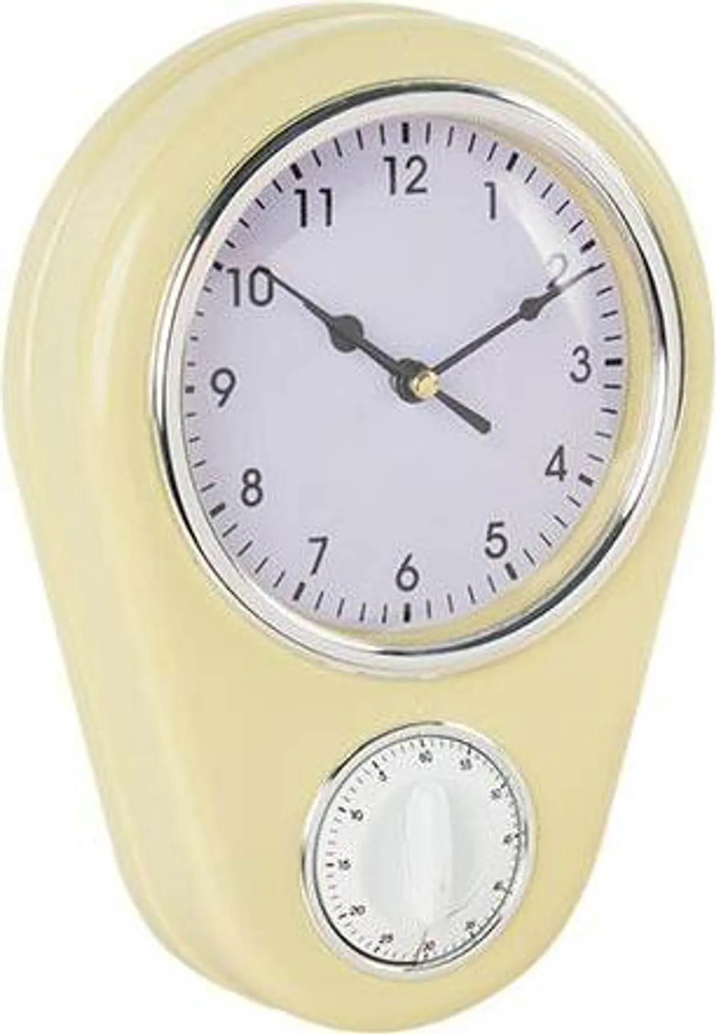 Cremefarbene Küchenuhr mit Timer. Weißes Zifferblatt mit schwarzen Zeigern. Kleines Timer-Zifferblatt unter der Uhr.