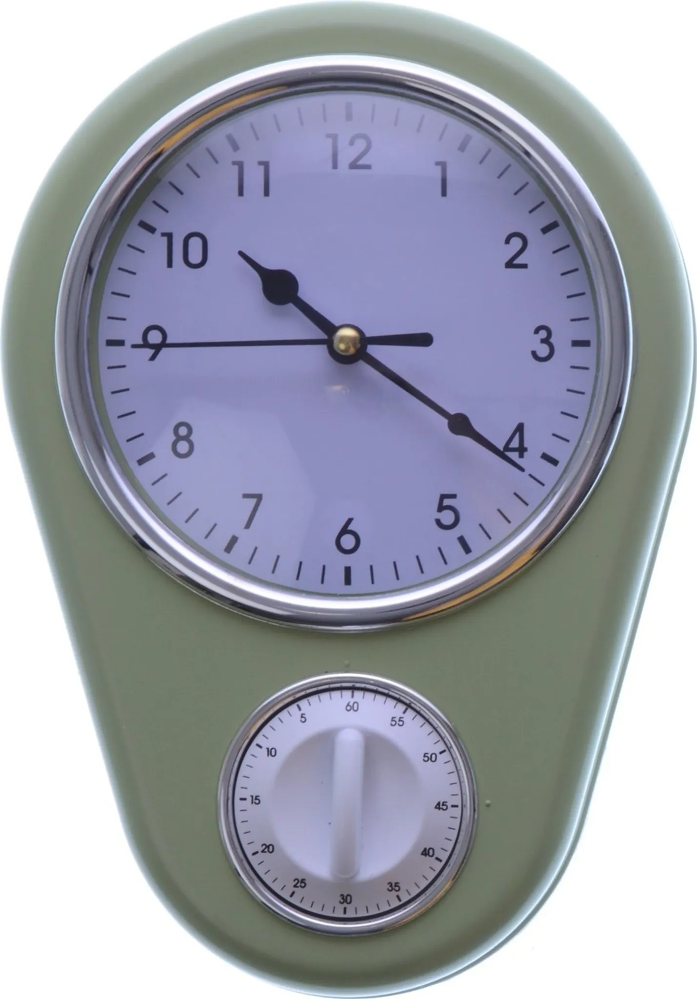 Grüne Küchenuhr. Oberes Zifferblatt zeigt die Uhrzeit, unteres Zifferblatt ist ein Timer. Zeiger zeigen 10:15. Weißer Hintergrund.