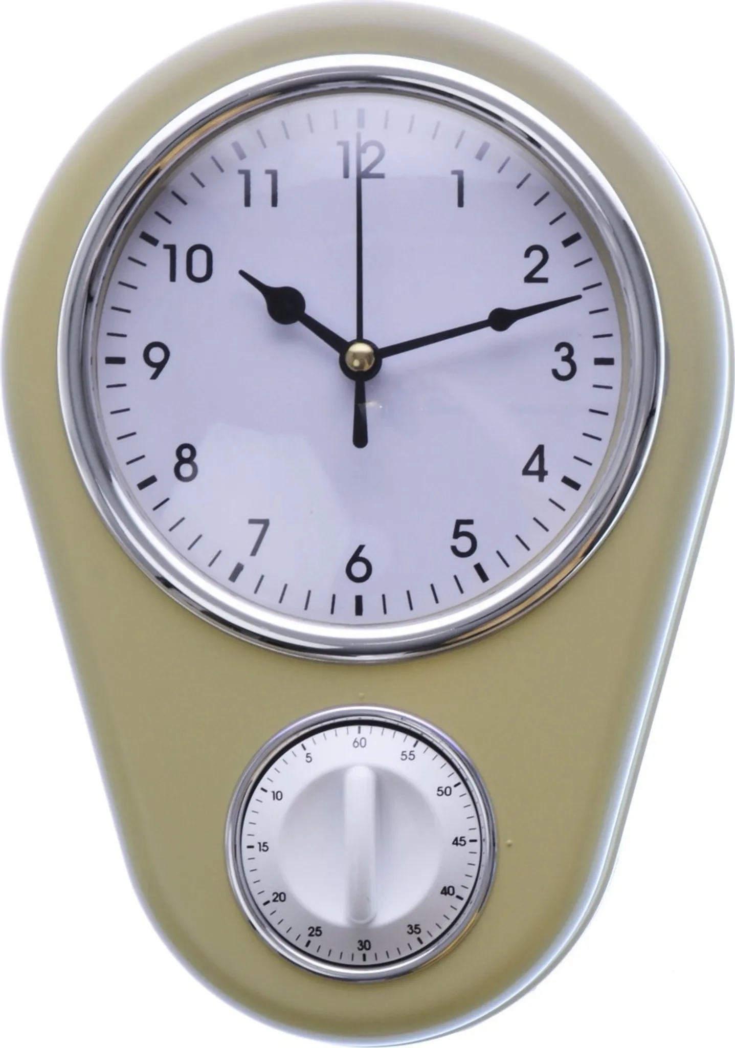 Eine cremefarbene Wanduhr mit einem Timer unten. Die Uhr zeigt 10:09 Uhr an. Der Timer ist auf 0 eingestellt.