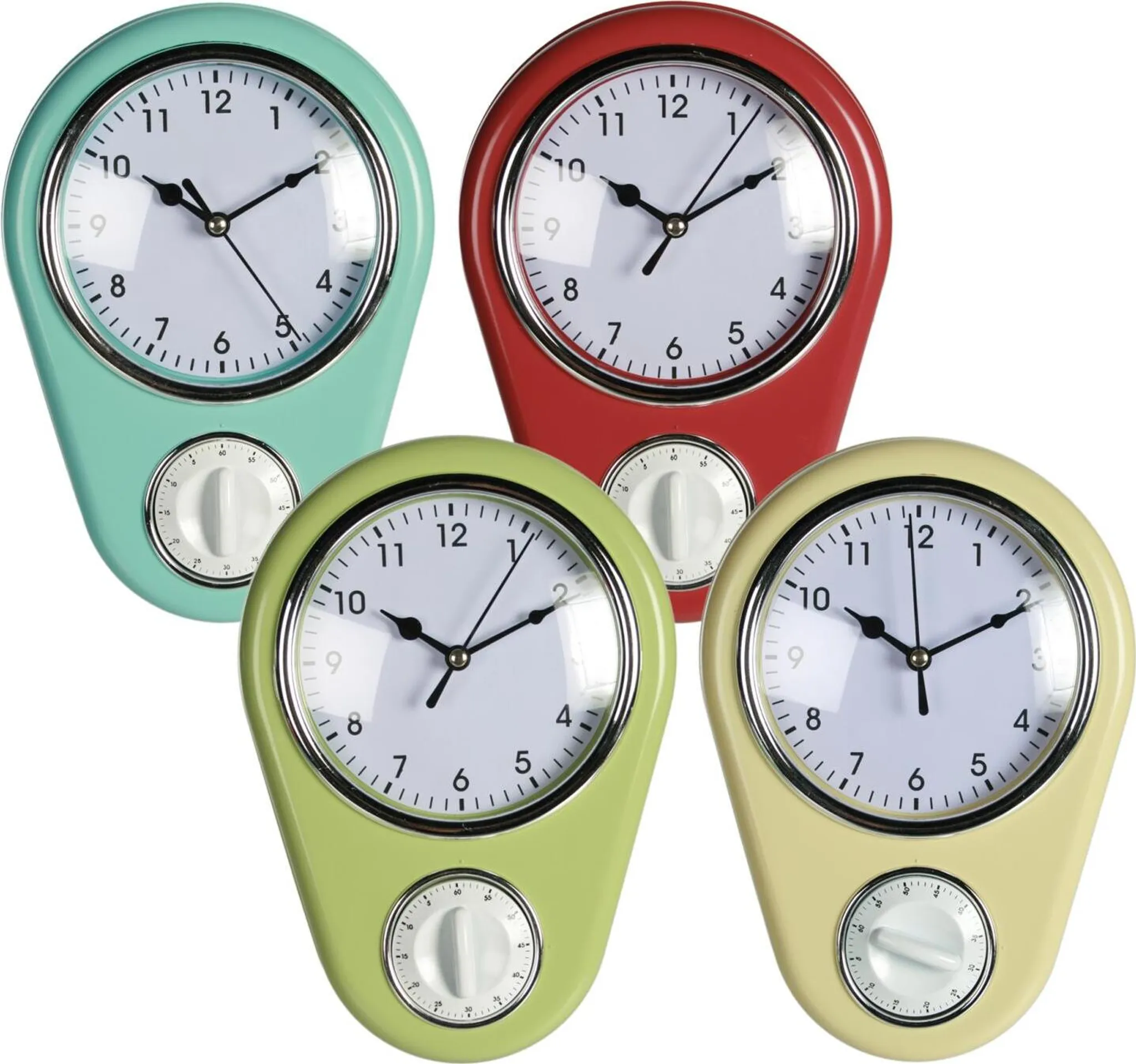 Vier bunte Küchentimer mit Uhren. Minze, Rot, Grün und Gelb. Jedes hat ein weißes Zifferblatt und ein Zifferblatt.